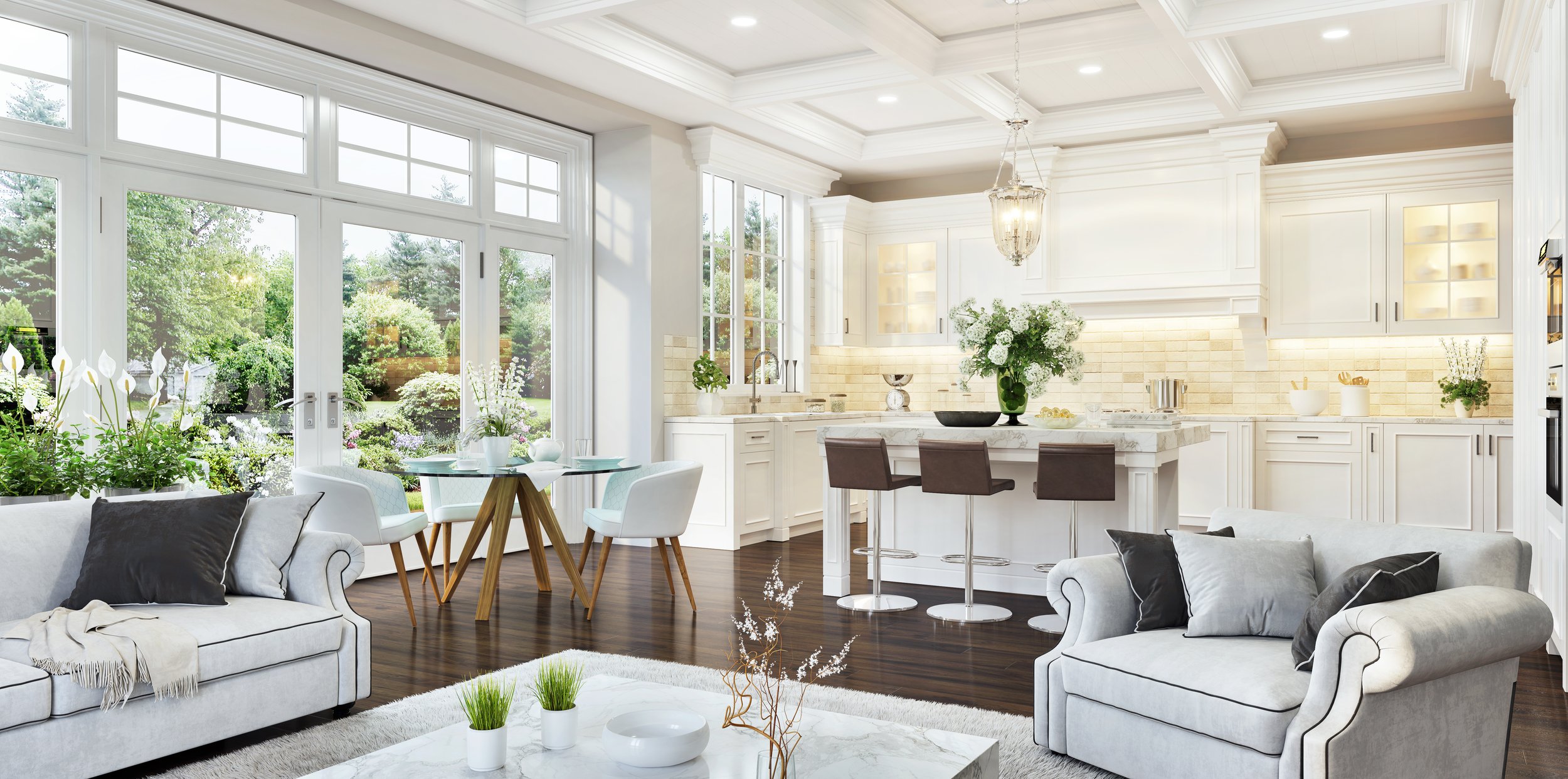 luxury kitchen and living space with large windows, white cabinets, island with brown stools, glass dining table, and garden view