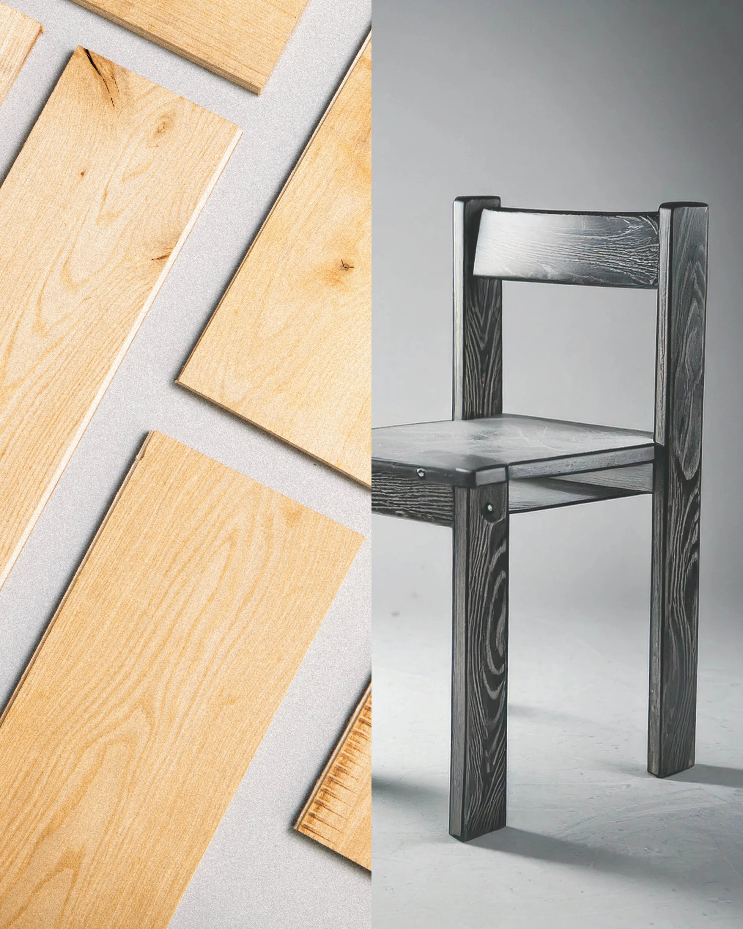 Divided into two parts, the left side shows wooden planks of light-colored wood with visible grain and knots placed on a flat surface. The right side features a metal chair with a black metal frame and a wood-textured seat and backrest, set against a neutral background.