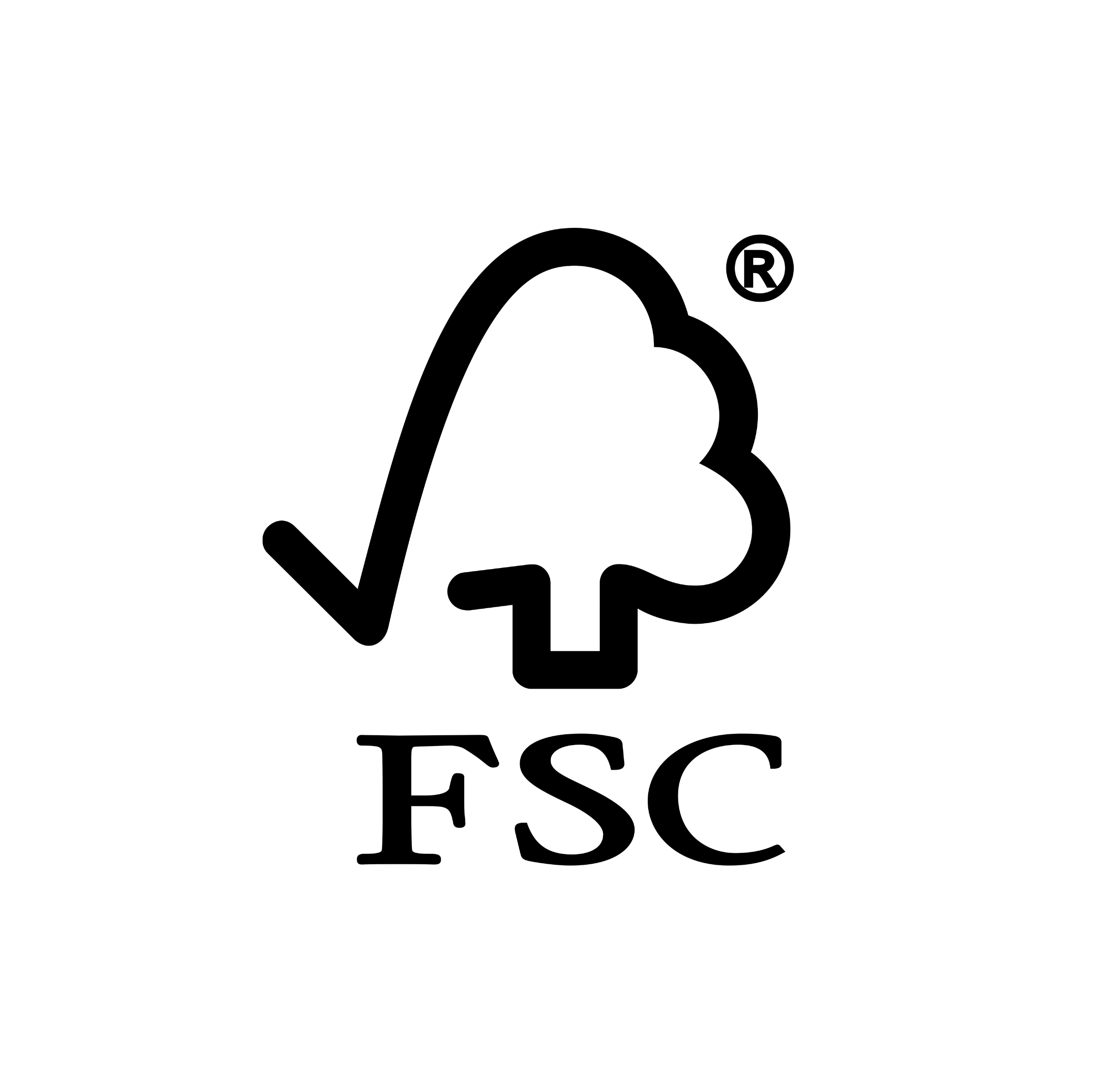 FSC logo with a checkmark, leaf, and tree symbol, and the letters 'FSC' underneath.