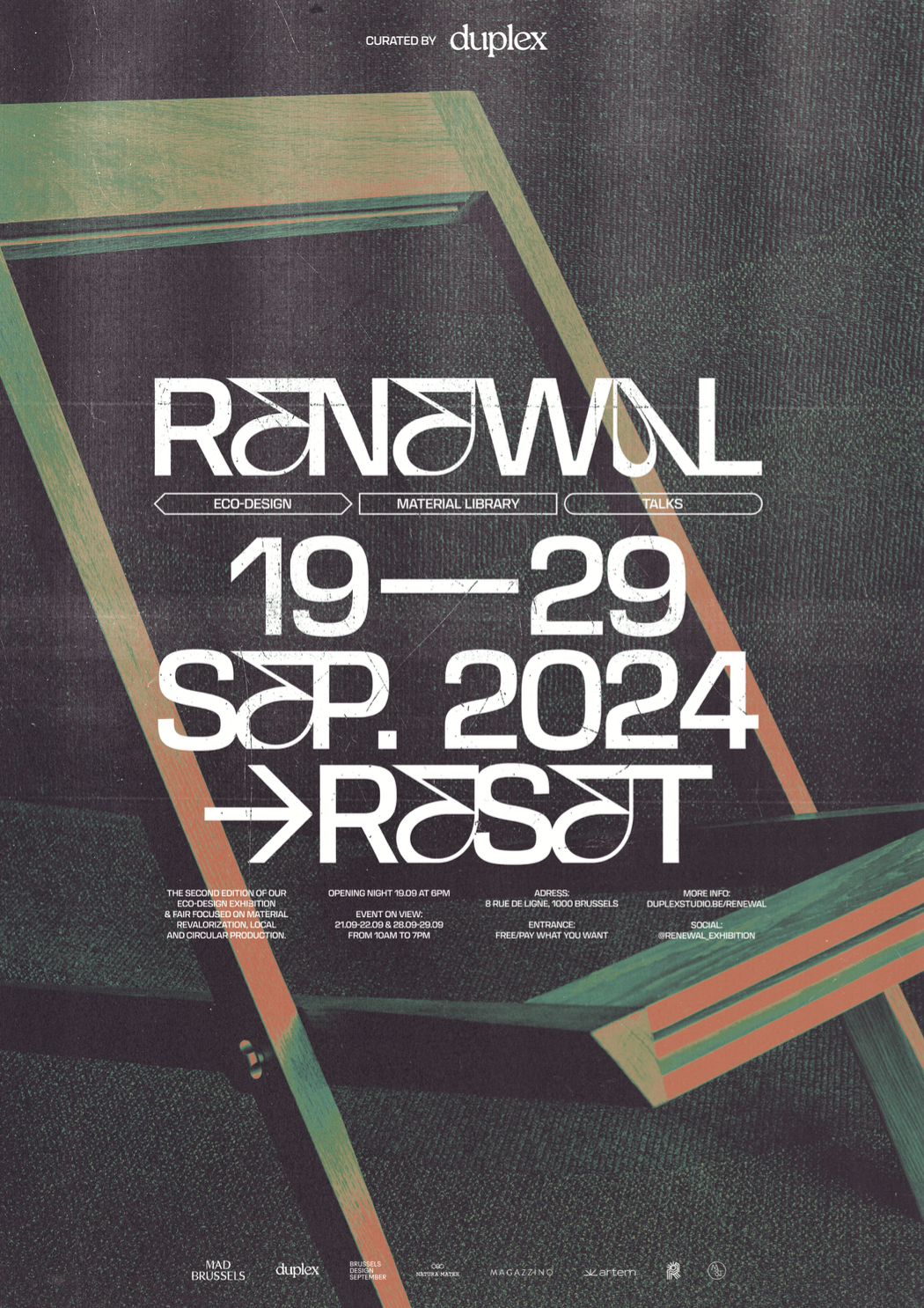 Poster for an eco-design exhibition called 'Renewal', taking place from September 19 to September 29, 2024, at 8 Rue de Ligne, Brussels. Curated by Duplex, featuring a graphic of a Mondrian-style wooden chair with green and orange accents.