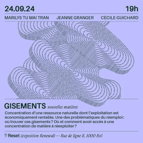 Event poster with date September 24, 2024, time 7 p.m., featuring names Marilys Tu Mai Tran, Jeanne Granger, and Cécile Guichard. Abstract line art illustration of a helmet, aiming to promote an event or exhibition about geology and new materials, titled "Gisements".