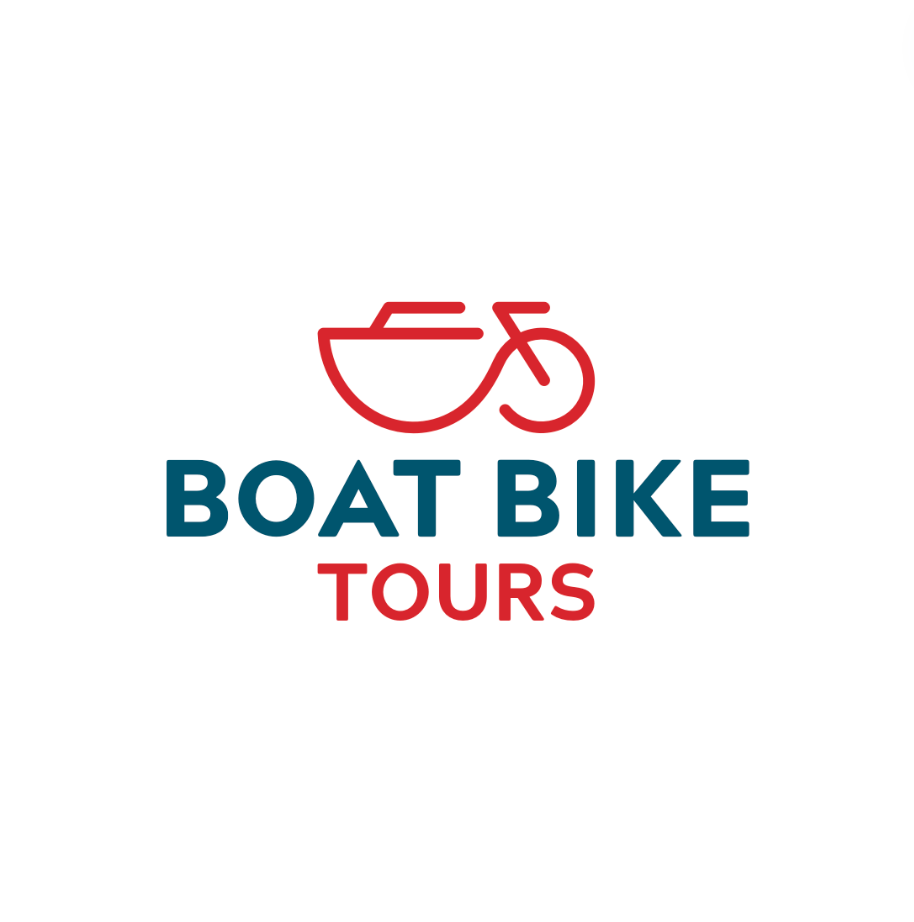 Logo for Boat Bike Tours featuring a stylized red outline of a boat and a bicycle combined, with the words 'Boat Bike Tours' in bold blue and red lettering.
