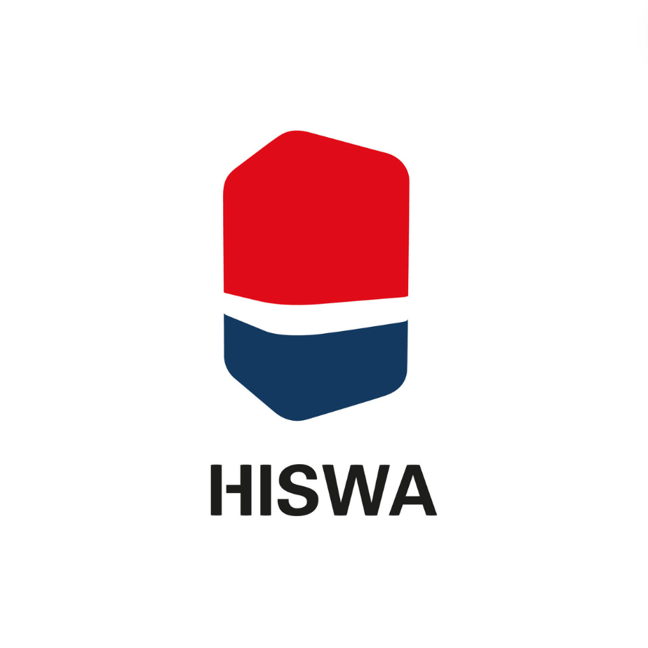 A logo with a shield shape divided into red, white, and blue sections, with the text 'HISWA' below.