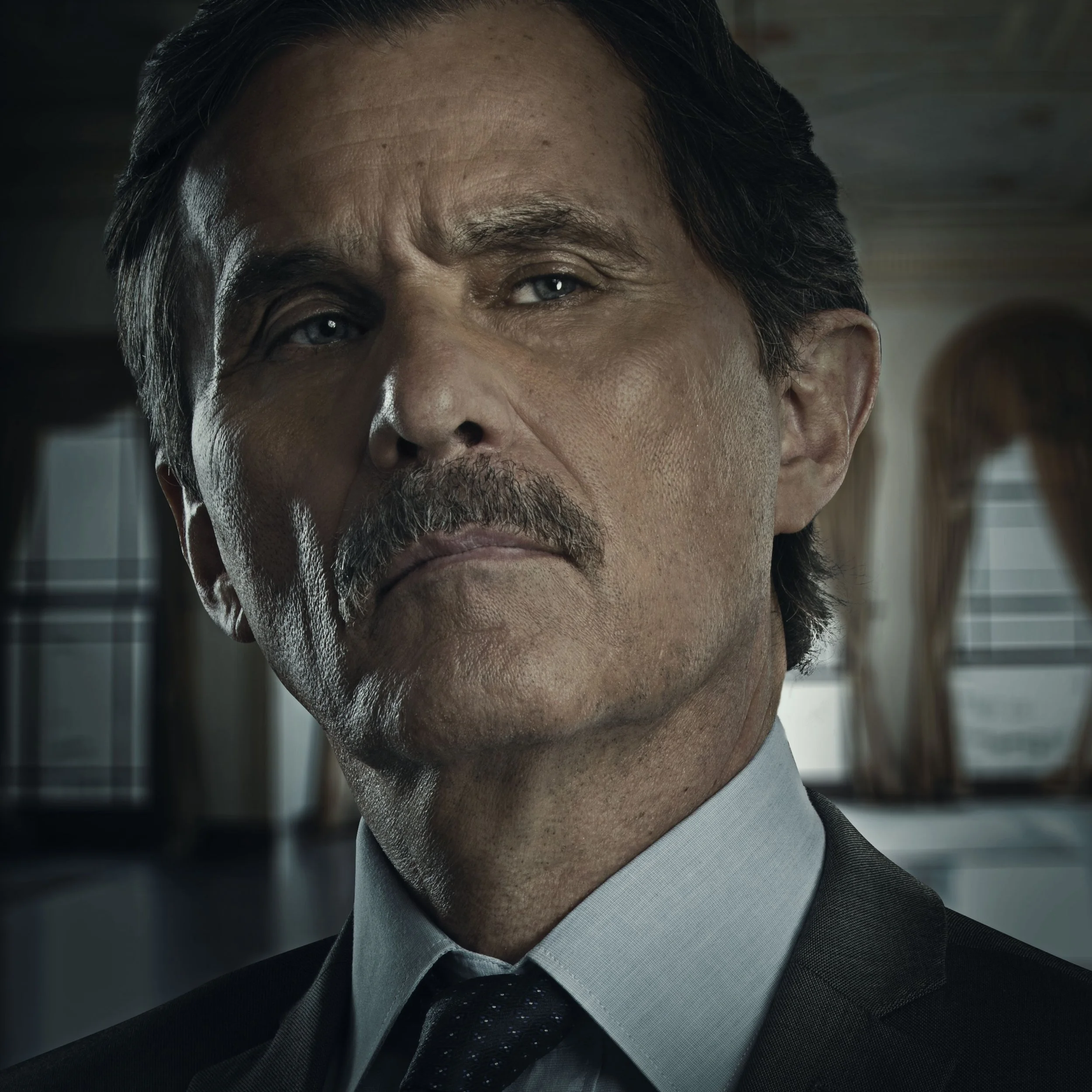 Close-up of a serious middle-aged man with dark hair, mustache, and blue eyes, dressed in a suit and tie, inside a room with patterned curtains and windows in the background.