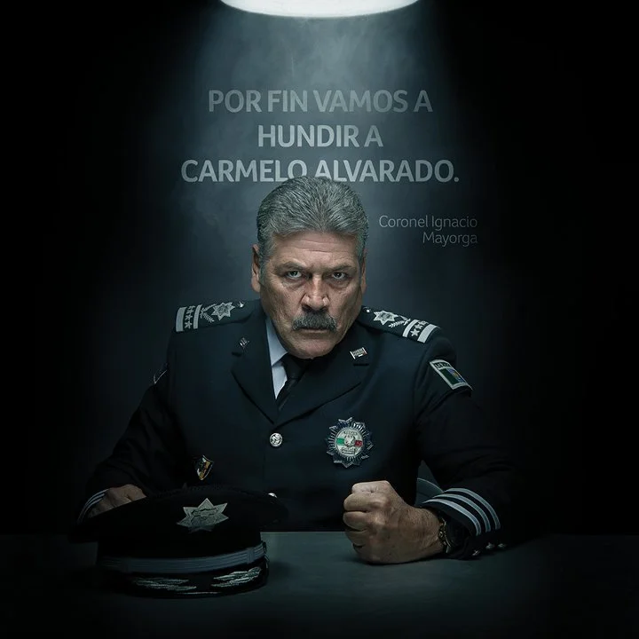 A stern man dressed as a police officer sitting at a desk, with a police badge and cap in front of him, and a dark background with text in Spanish.