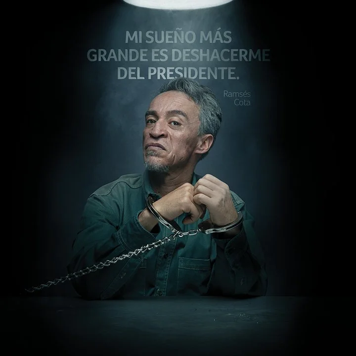 A man with gray hair and a beard, handcuffed with hands clasped, sitting at a table against a dark background. Text in Spanish above him reads, "My biggest dream is to be released from the president."