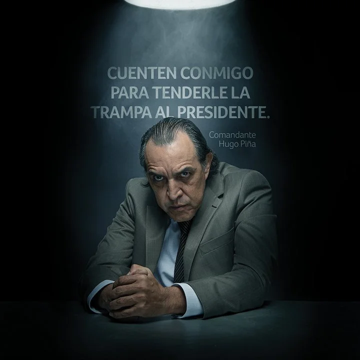 A serious-looking man in a suit sitting with hands clasped in front of him. Behind him is a dark background with Spanish text that reads, "Cuenten conmigo para tenderle la trampa al presidente" and "Comandante Hugo Piña."