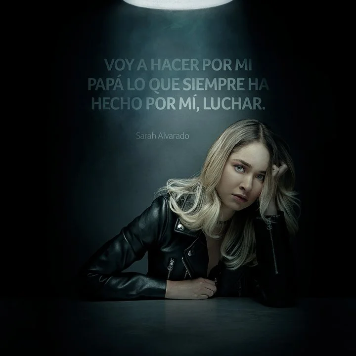 A woman with blonde hair, sitting at a table in front of a dark background with blue lighting. She is wearing a black leather jacket and has a serious expression. There is Spanish text on the wall behind her.