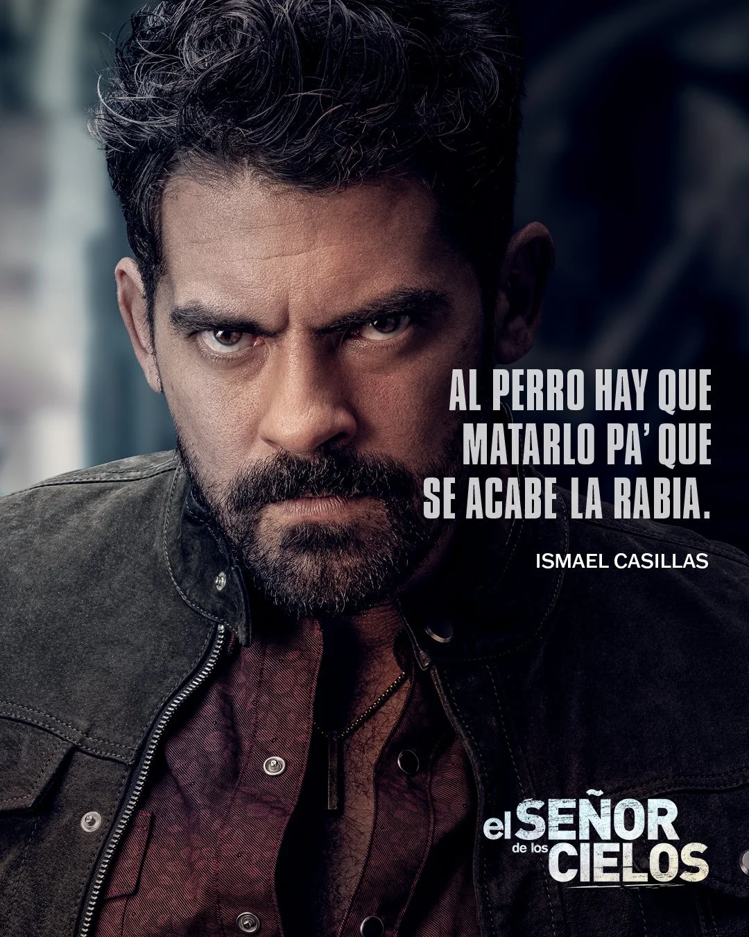Close-up of a man with intense eyes, dark hair, and a beard, wearing a dark jacket with a buttoned shirt underneath, next to a quote in Spanish that reads, 'Al perro hay que matarlo pa' que se acabe la rabia.'" by Ismael Casillas, with the title 'El Señor de los Cielos.'