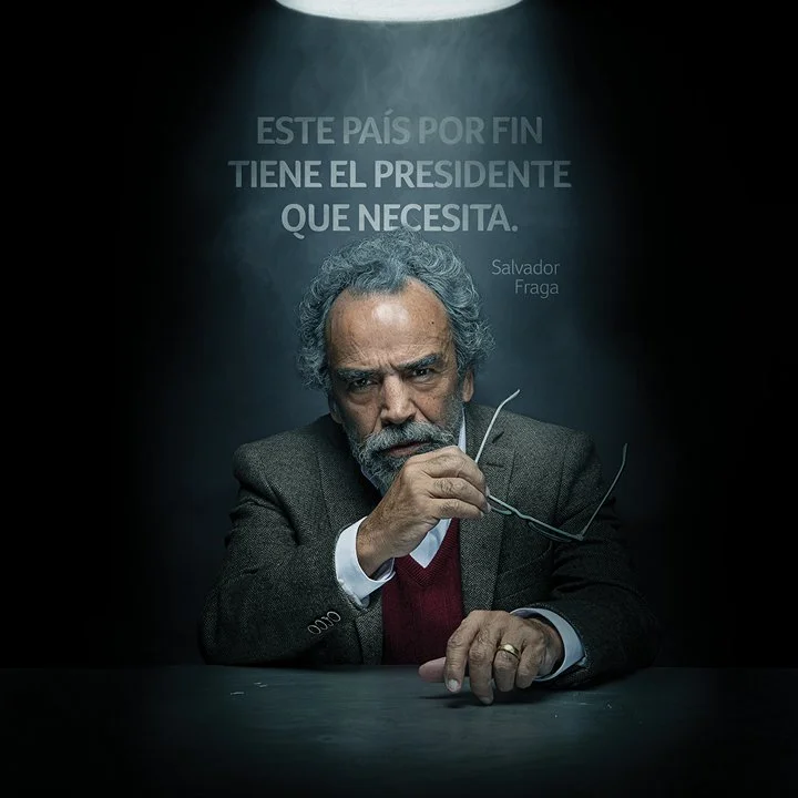 A serious elderly man with gray hair and a beard, wearing a gray suit and red sweater, sitting at a dark table and holding eyeglasses. There is a quote in Spanish above his head that reads, "Este país por fin tiene el presidente que necesita."