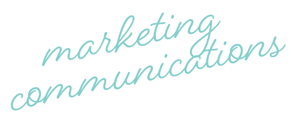 Text that reads 'marketing communications' in light blue cursive font on a black background.
