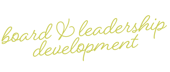 Text that reads 'board & leadership development' in cursive font.