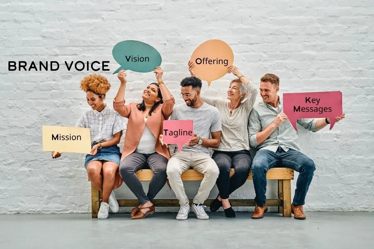 Nonprofit brand voice elements — team holding speech bubbles with mission, vision, tagline, offering, and key messages