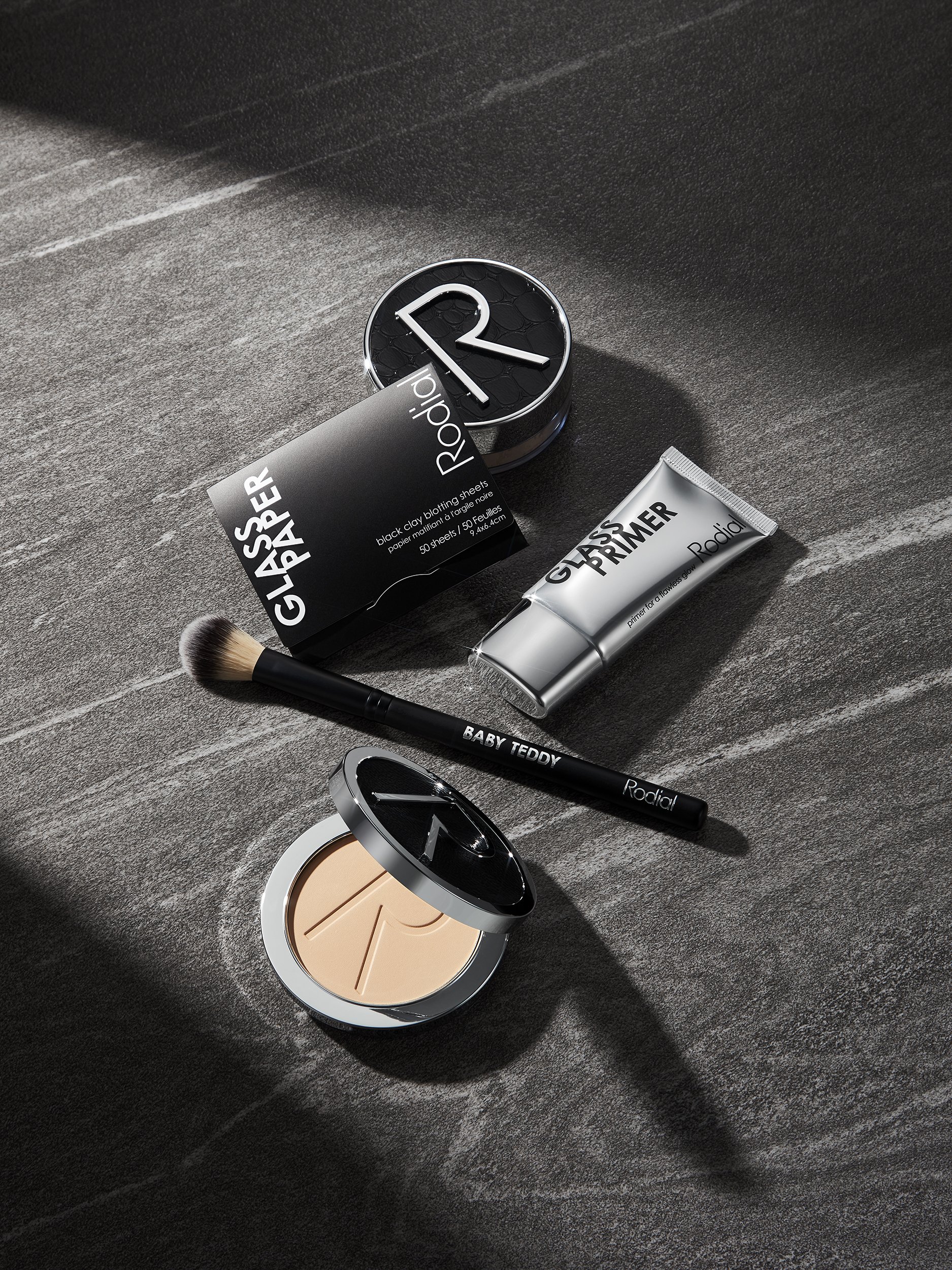 Rodial Glass Primer, Glass Paper, Glass Powder, Glass Pressed Powder &amp; Teddy Brush - Cosmetics photography by Simon Lyle Ritchie