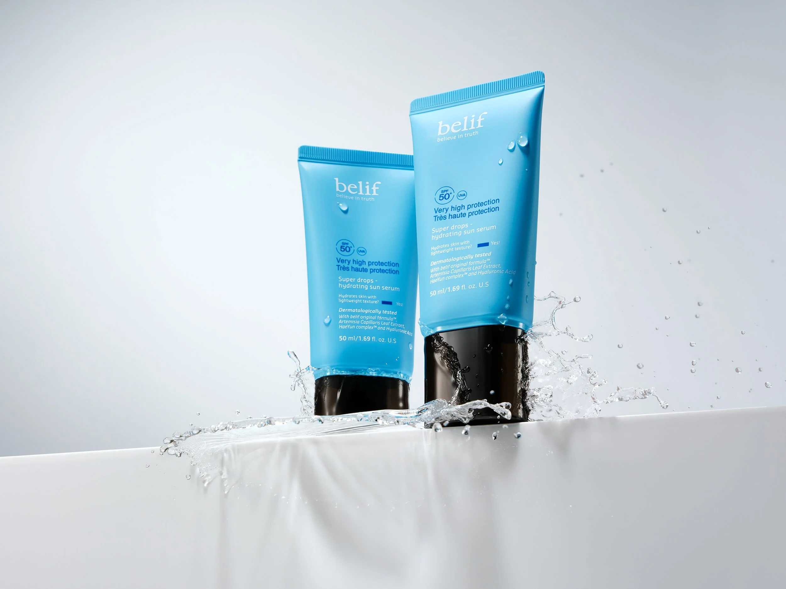 Belif Super drops hydrating sun serum - liquid splash photography by Simon Lyle Ritchie