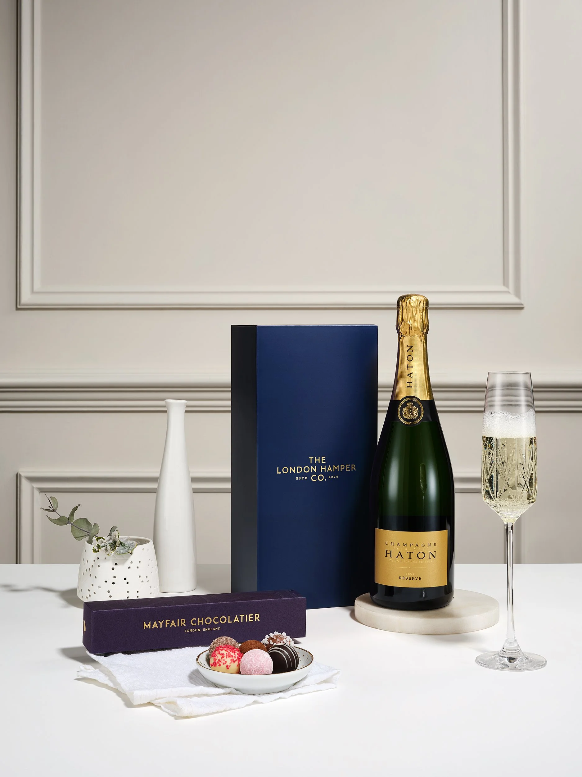 The London Hamper Co - Champagne and chocolate gift photographed by London based drinks photographer Simon Lyle Ritchie