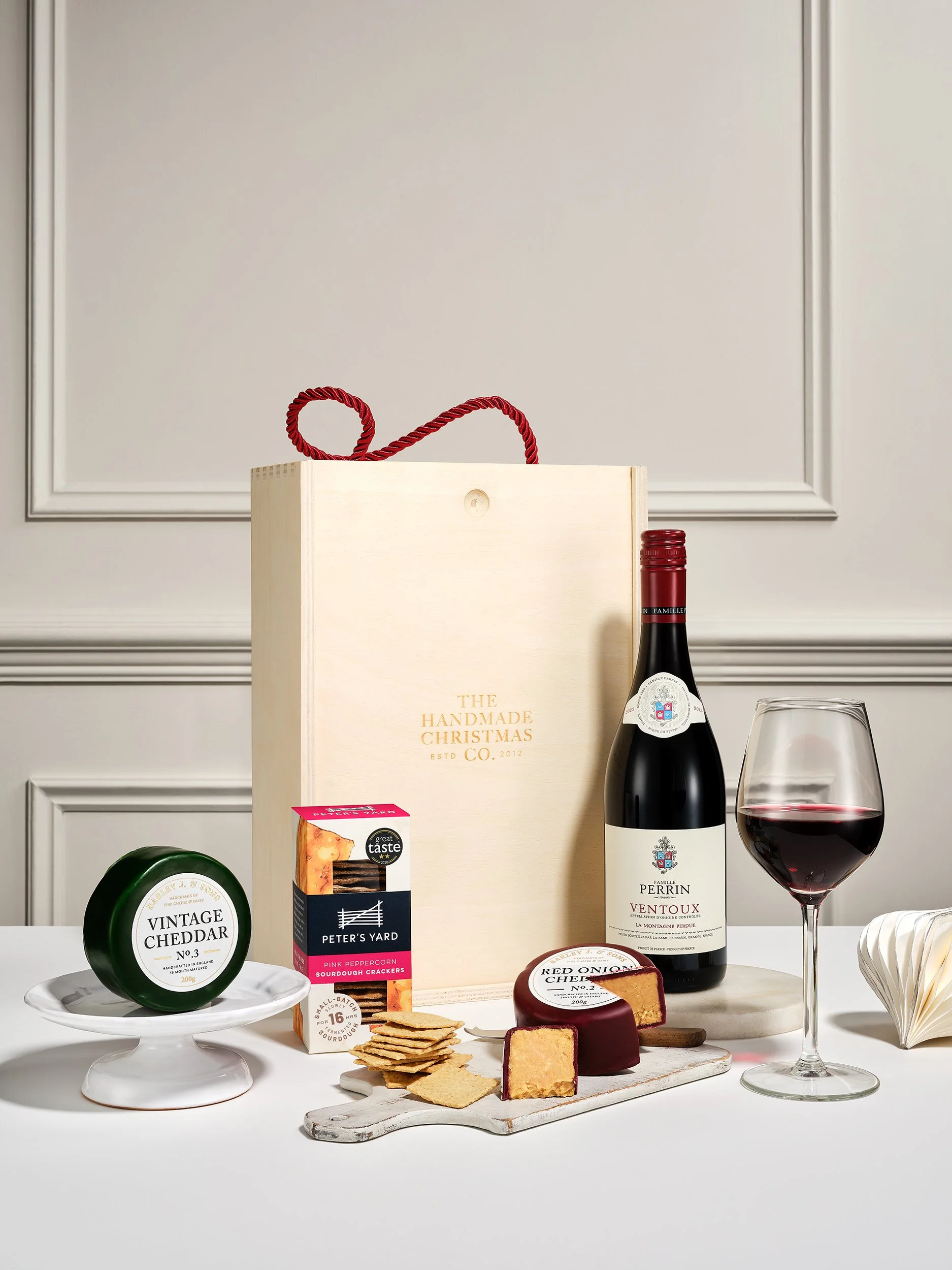 The Handmade Christmas Co cheese and wine hamper photographed by food and drink photographer Simon Lyle