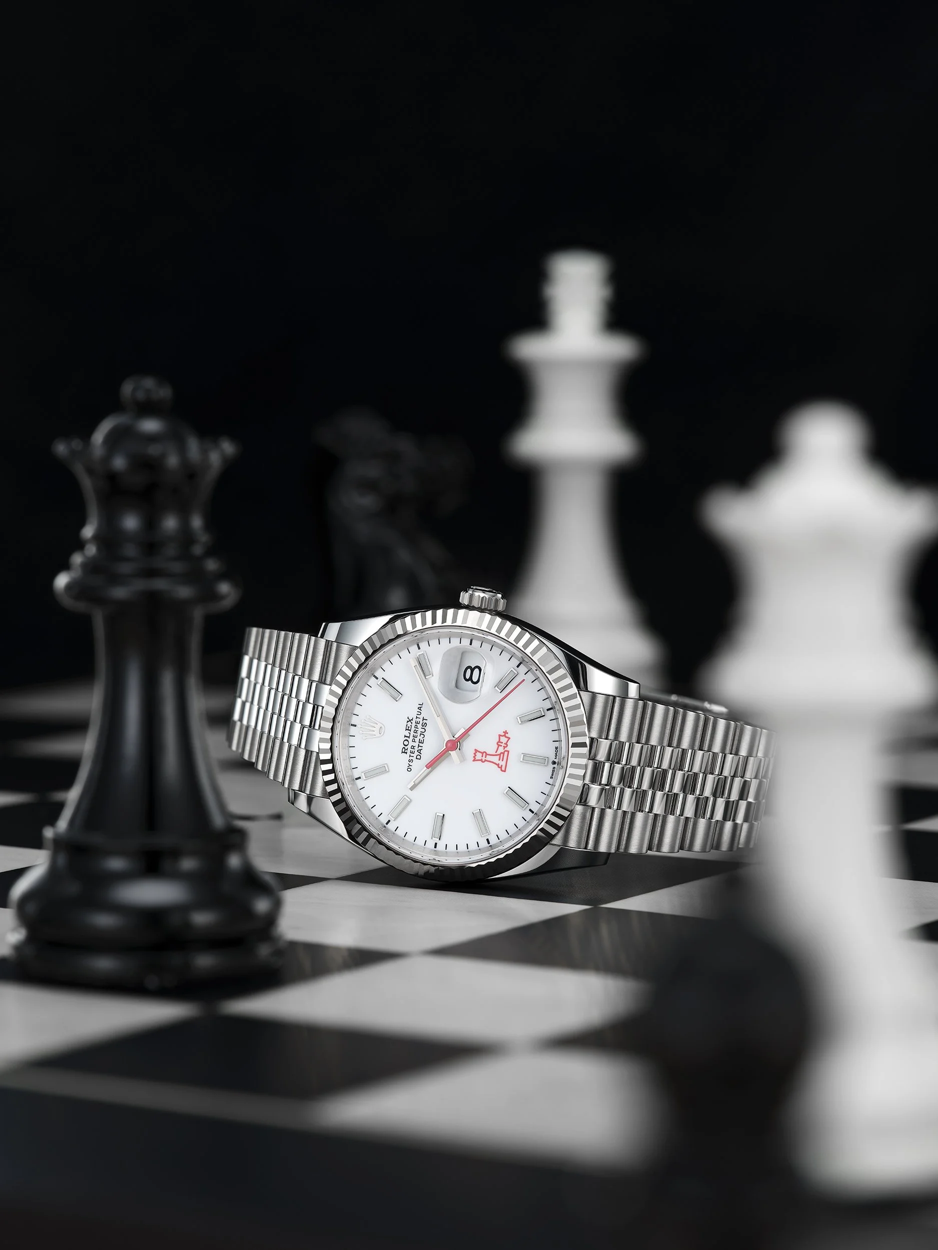 Chess themed Rolex Oyster Perpetual Datejust photographed by professional watch photographer Simon Lyle Ritchie