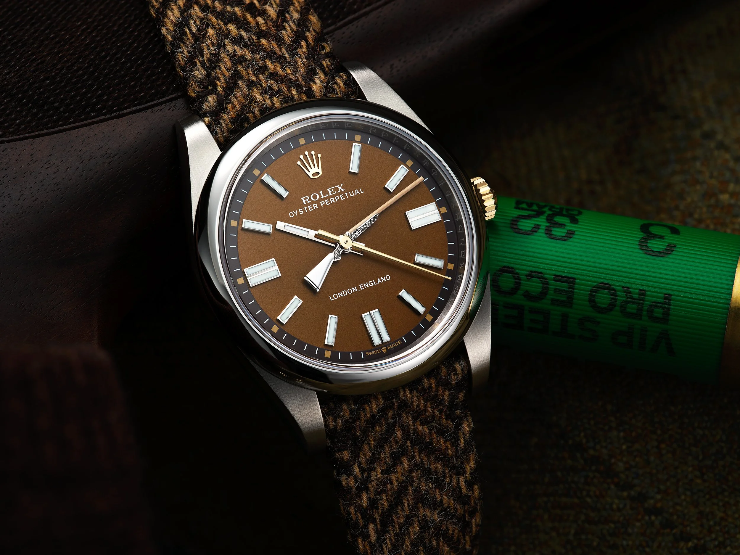 Custom tweed Rolex Oyster Perpetual - watch photography by Simon Lyle