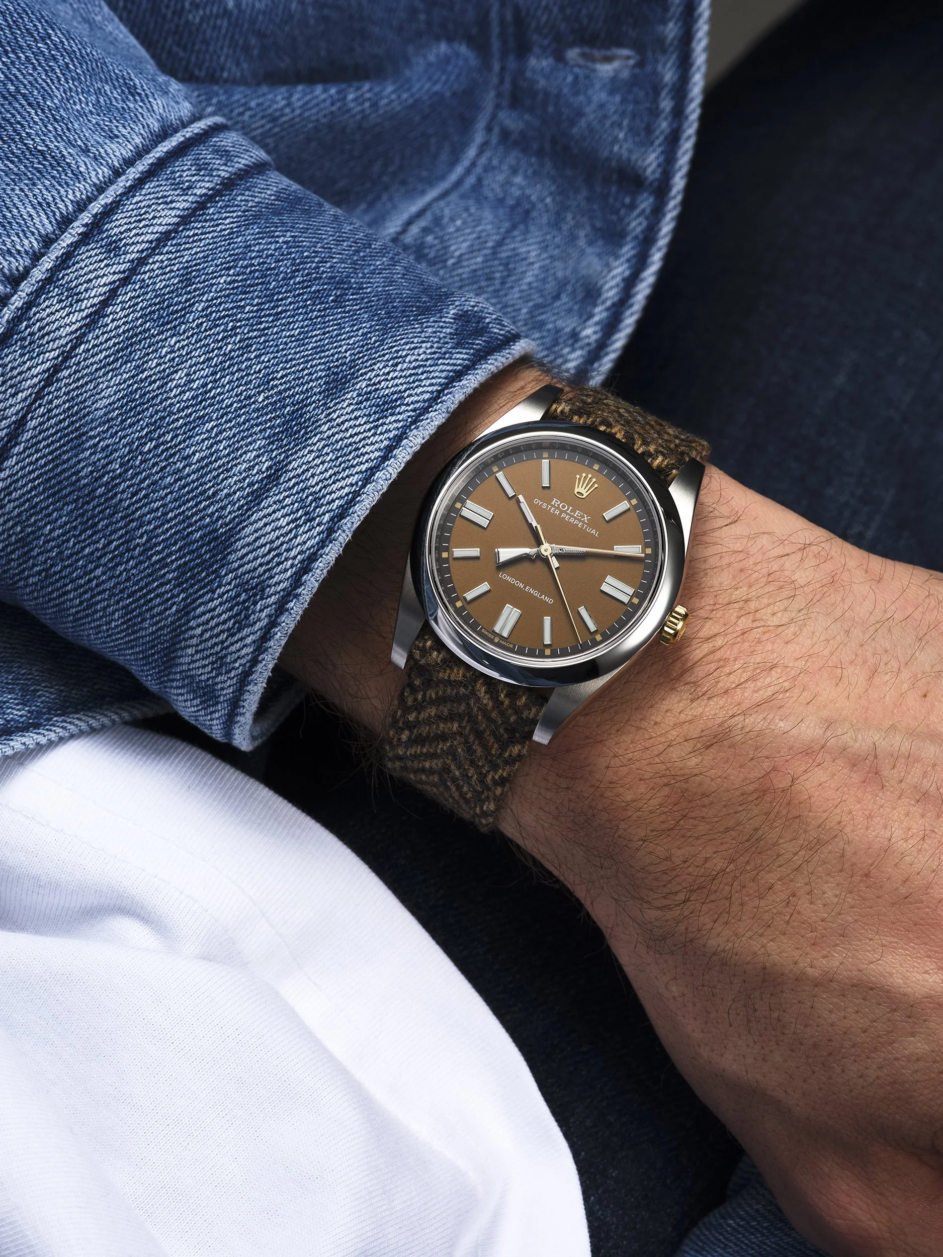 Custom hunting Rolex Oyster Perpetual shot on model by London based watch photographer Simon Lyle Ritchie