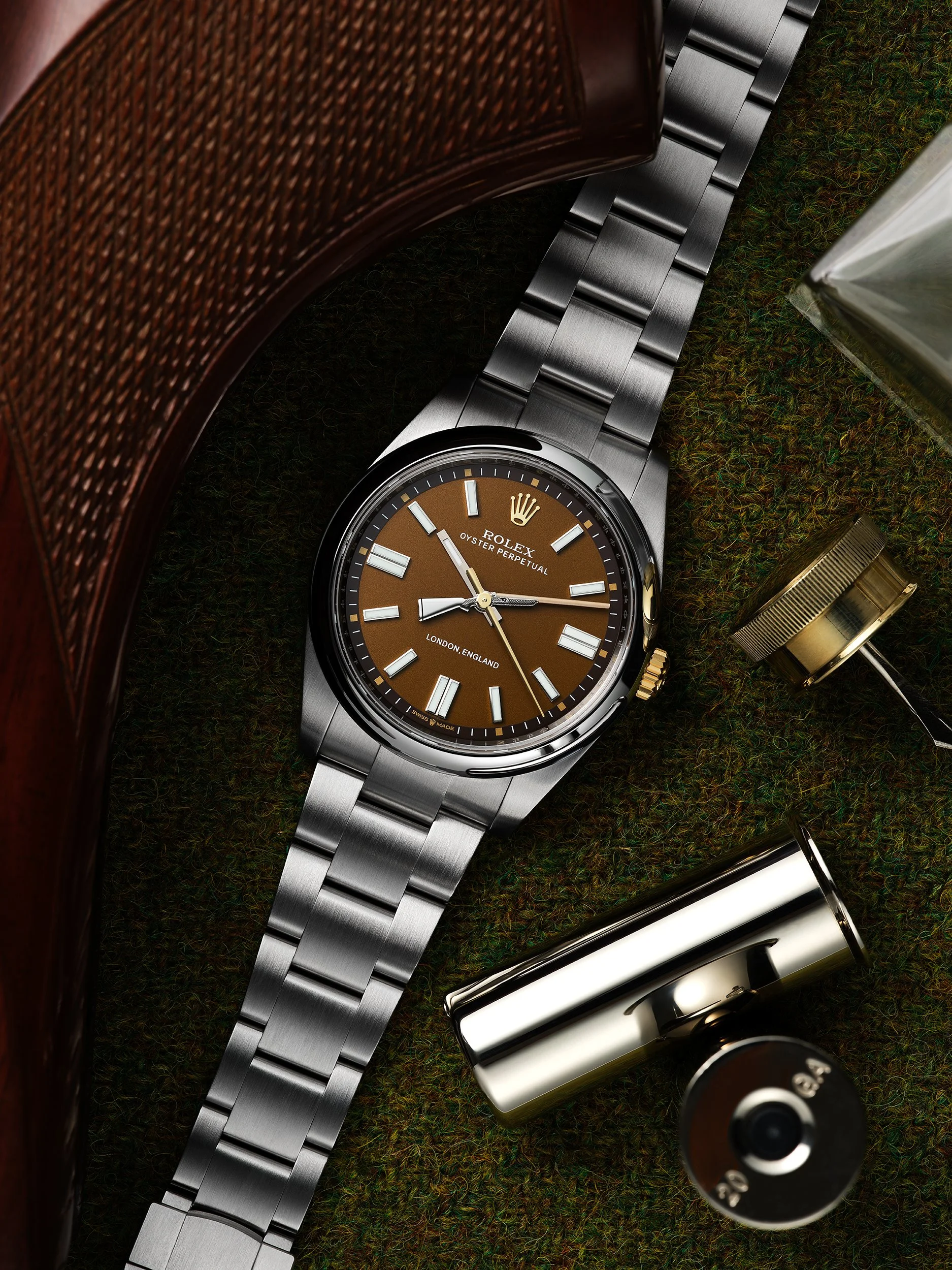 Bespoke Rolex Oyster Perpetual with tweed strap - photography by Simon Lyle Ritchie