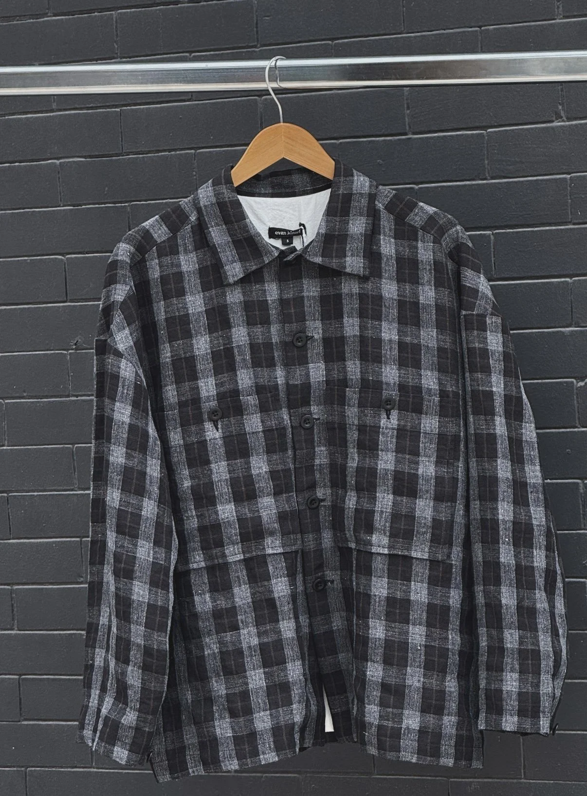 Evan Kinori - FIELD SHIRT TWO YARN DYE LINEN CHECK (CHARCOAL/BROWN/BLACK)
