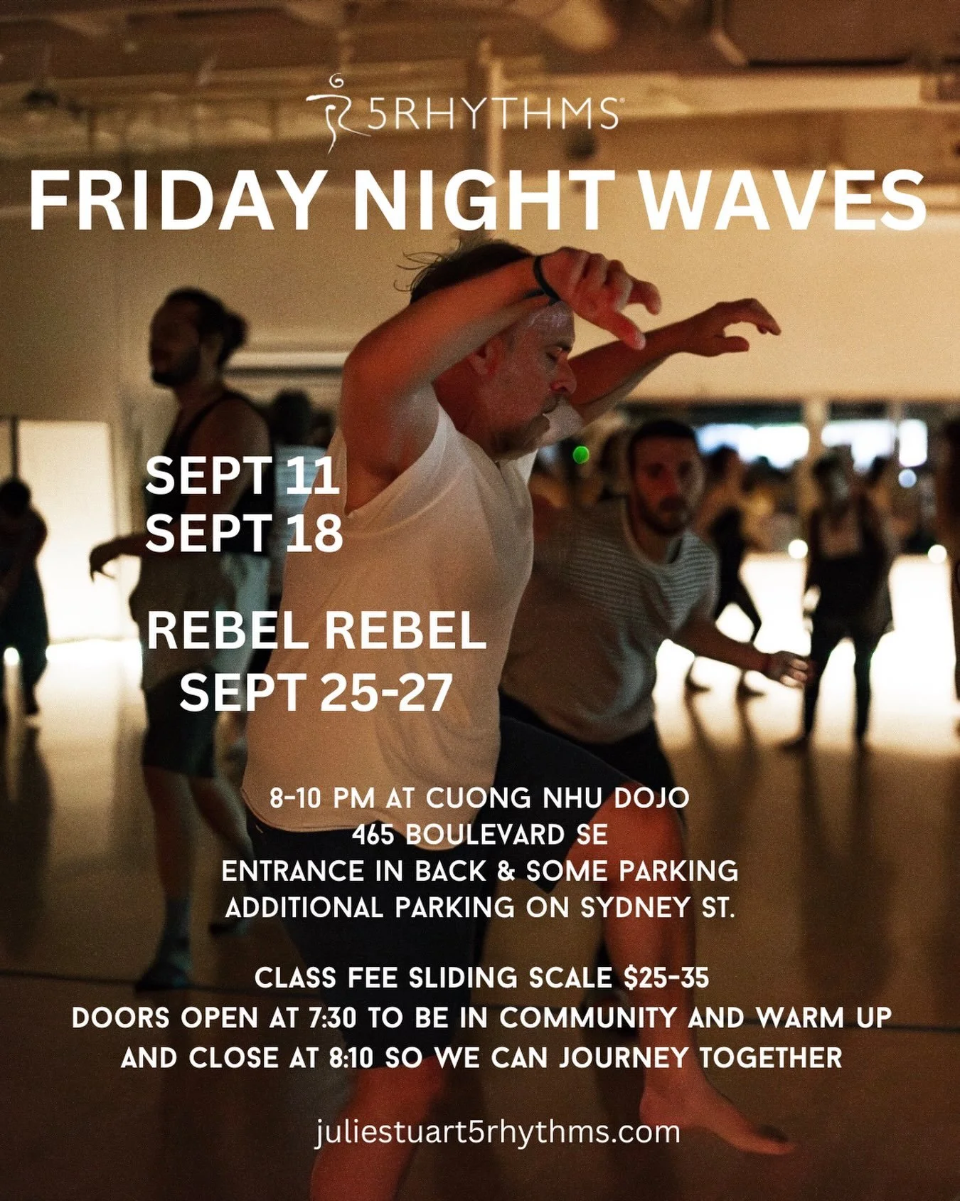 September calendar is here. No dance Labor Day weekend. The Friday night of the workshop is open to all. It&rsquo;s at Core dance in Decatur 7-9:30 pm. Early bird for the whole workshop ends this weekend 8/28. 
#FridayNightWaves #5RhythmsAtlanta #Dan
