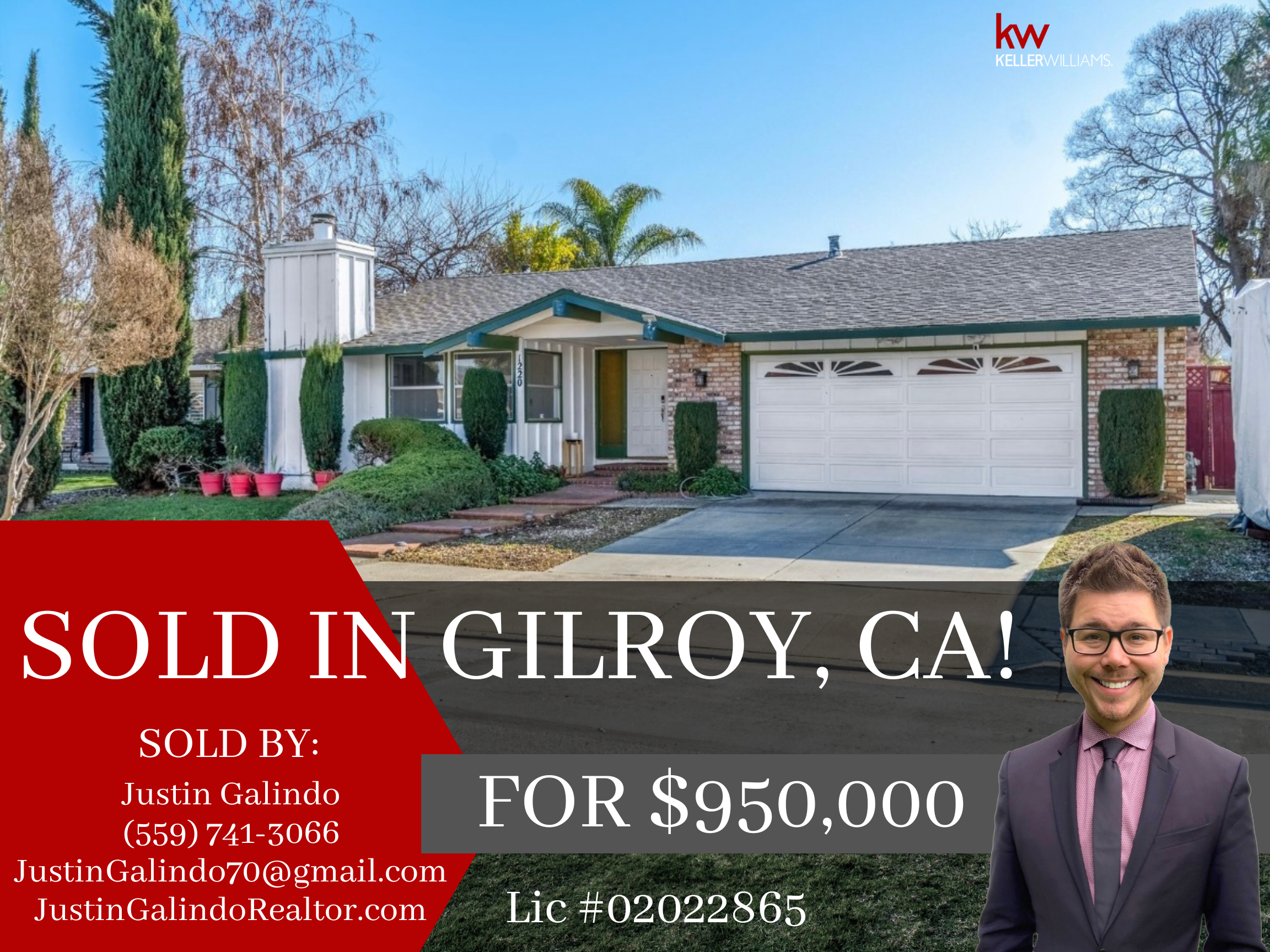 A house with a front yard, trees, and a driveway, sign indicating a property sold in Geroy, California, by real estate agent Justin Galindo.