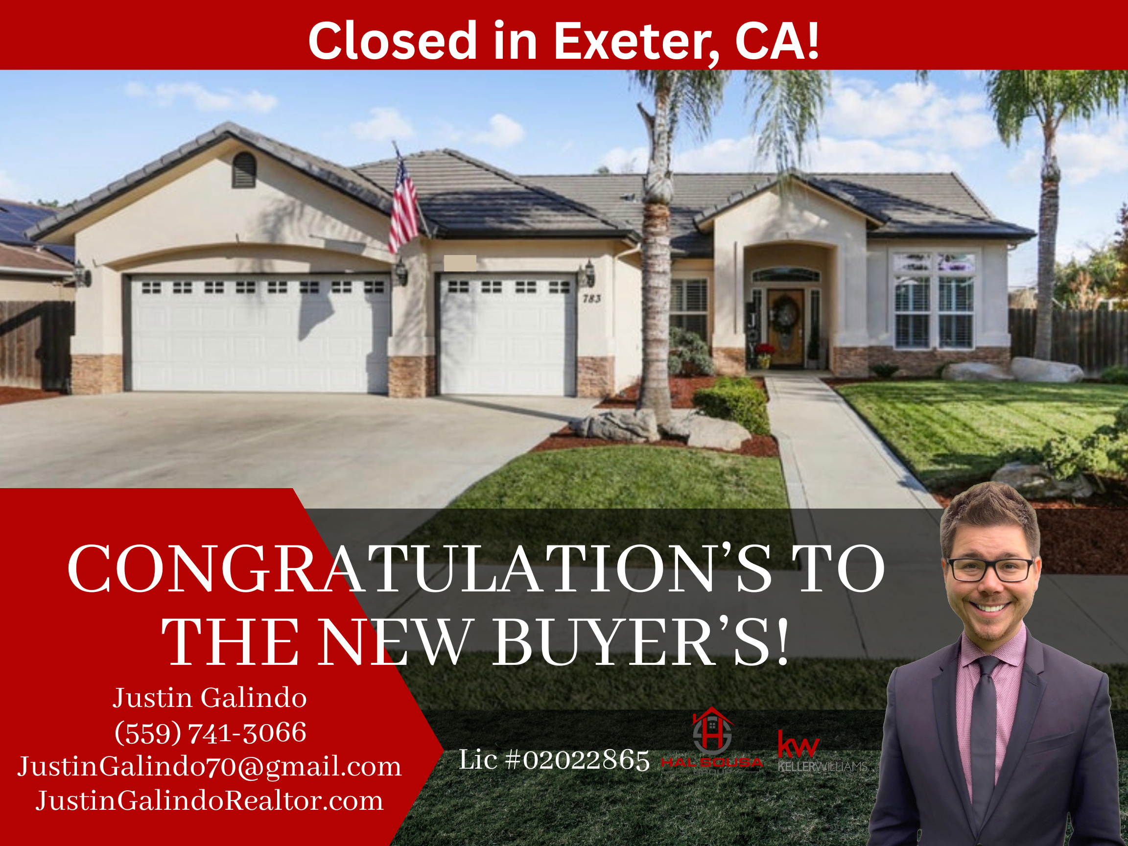 A two-story house with a light-colored exterior, a gray tiled roof, and a two-car garage, surrounded by a well-maintained lawn with palm trees. The house has a front door decorated with a wreath. A red banner across the top reads 'Closed in Exeter, C