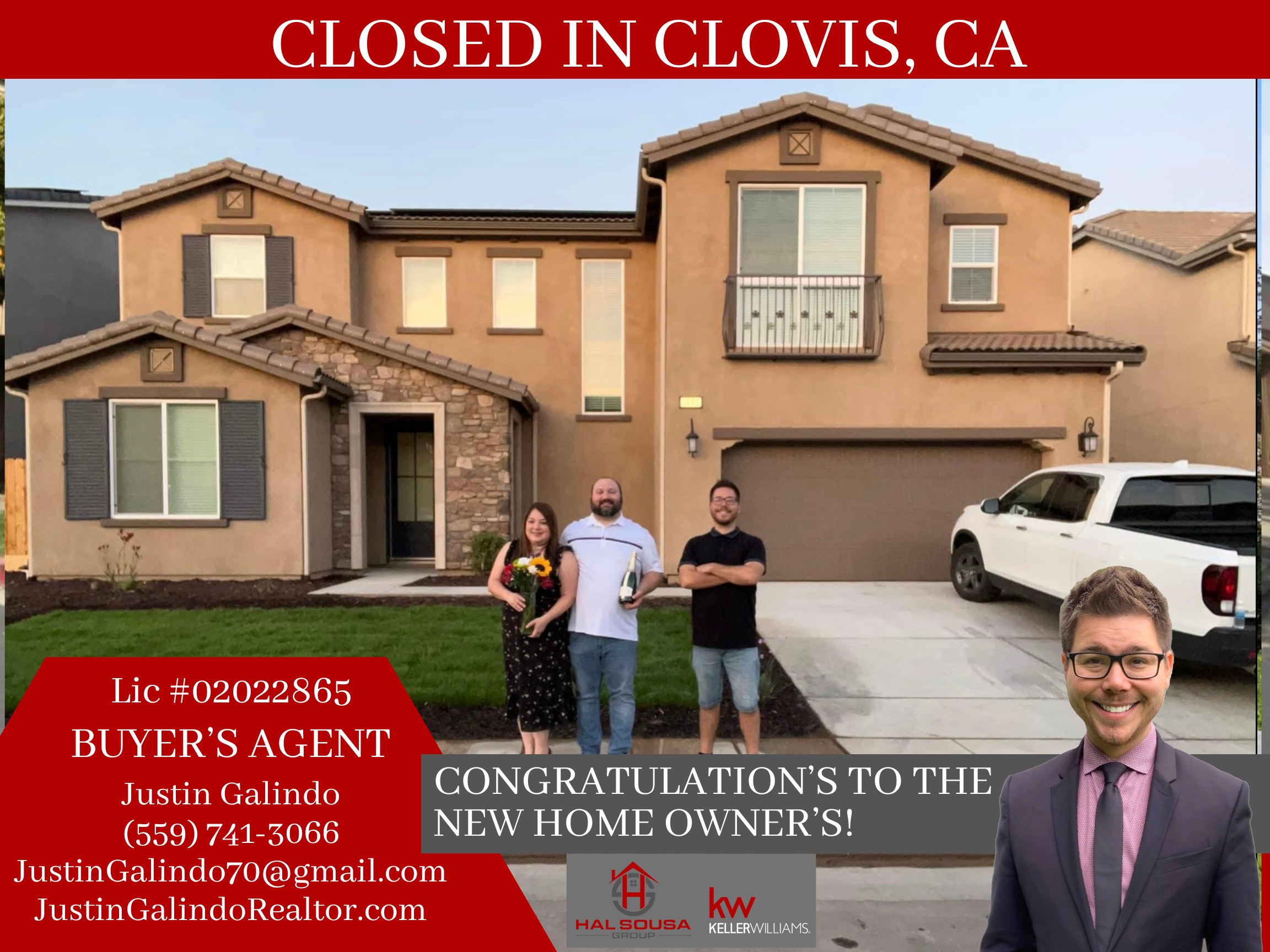 Image of a newly purchased home with a group of four people standing in front, holding flowers and a bottle, smiling. The house is a two-story beige stucco with stone accents, dark shutters, and a small balcony. The photo has a red banner at the top 