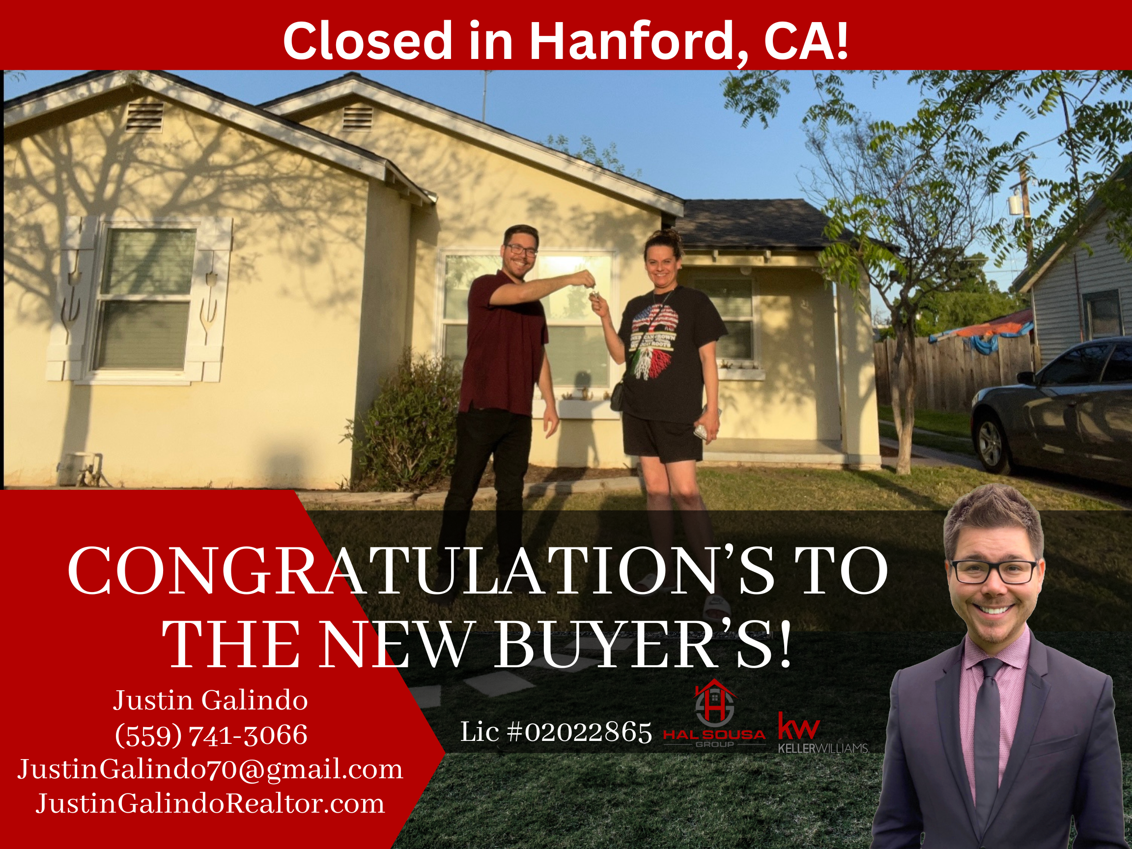Image of a house with two people smiling and holding keys, celebrating the sale. The house has yellow walls, white trim, and a front lawn with some trees and a driveway with a black car. The photo is overlaid with a red banner saying 'Closed in Hanfo