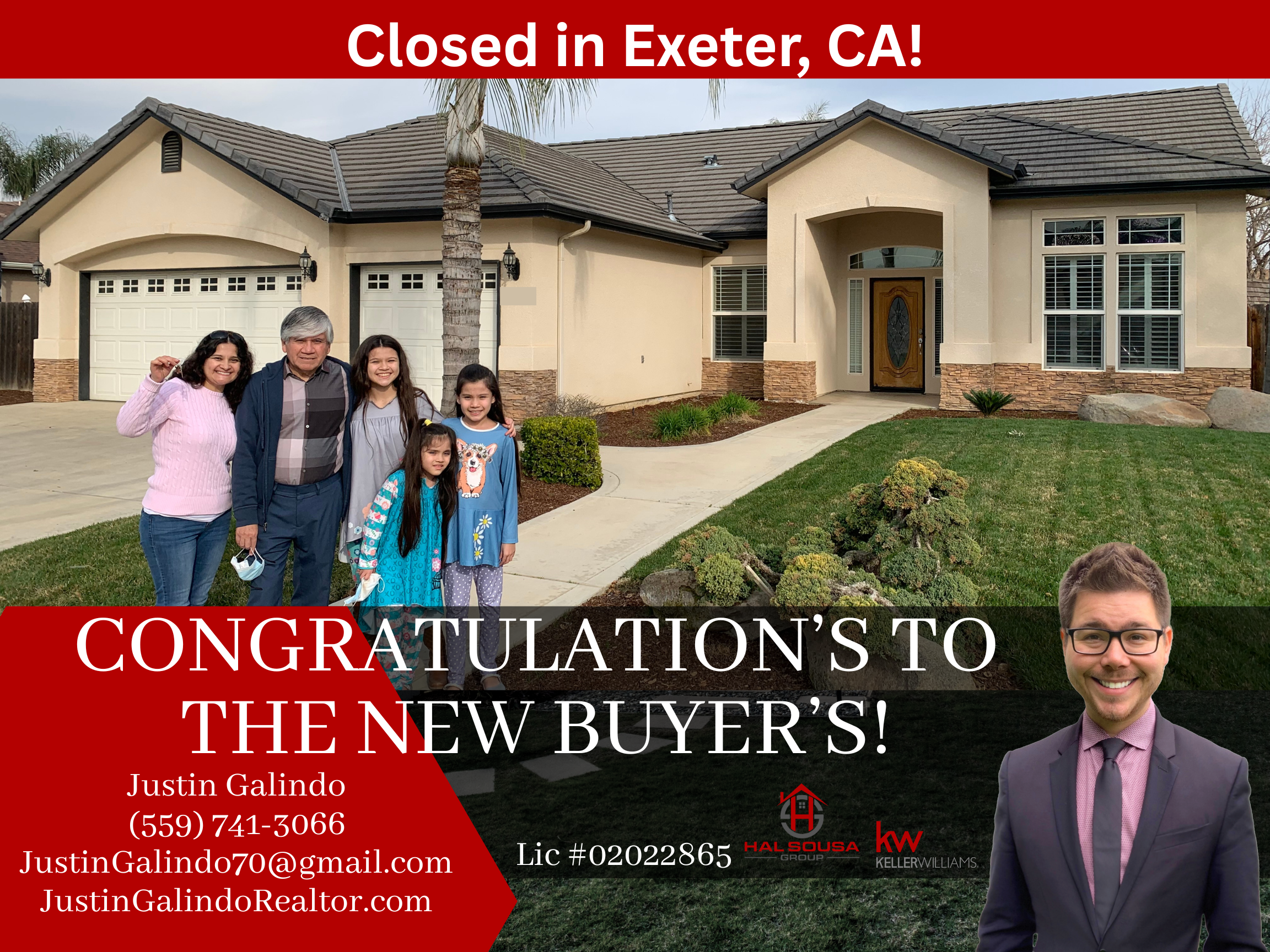 A new house with a family of five standing in front, in Exeter, California. The house has a beige exterior with stone accents, a tiled roof, and a front yard with small shrubs. The image has overlay text congratulating the new homeowner, Justin Galin