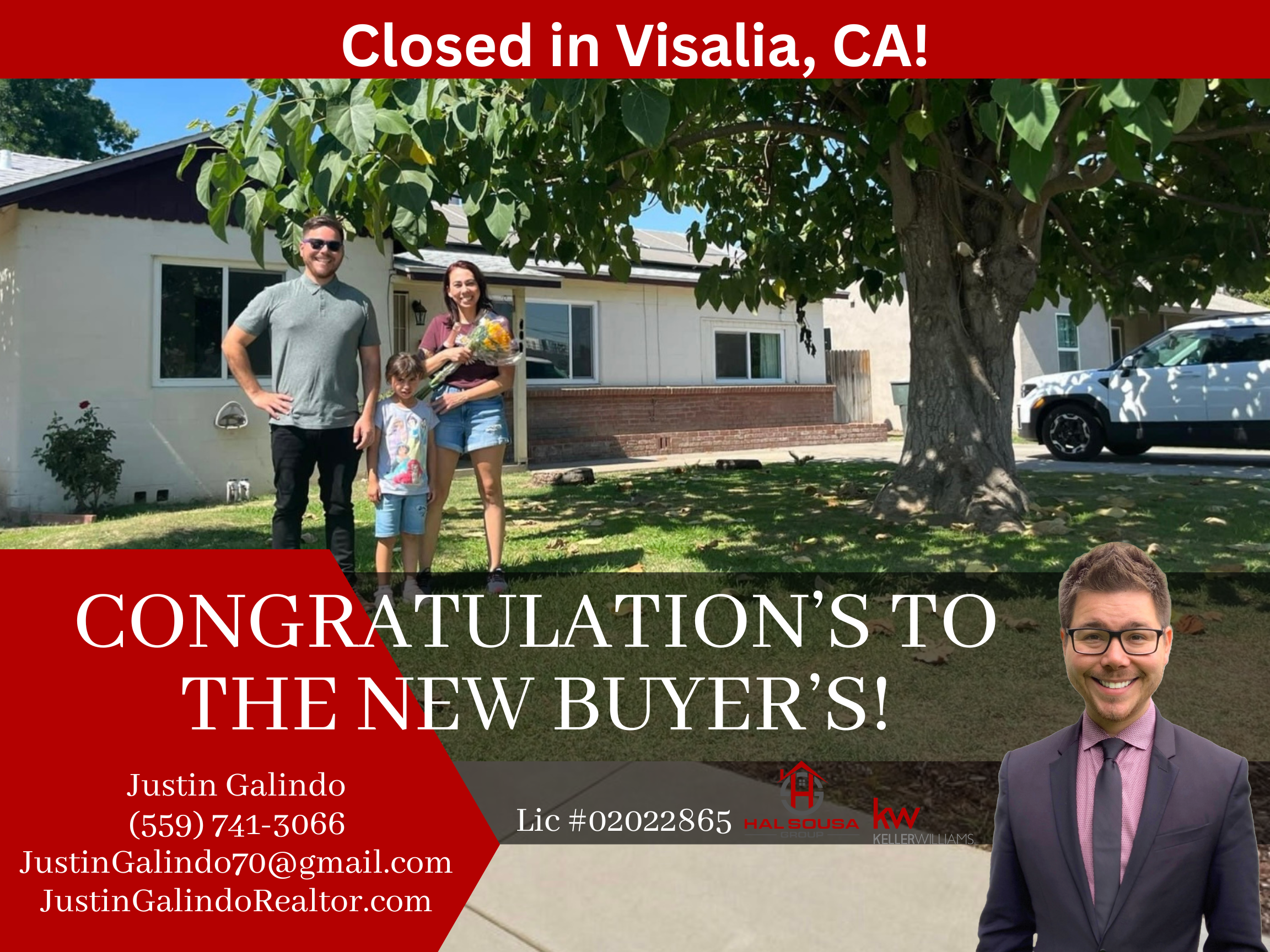A family of three standing in front of a house with a large tree, celebrating a new home purchase, with a congratulatory message overlay on a red banner at the top and contact information at the bottom.