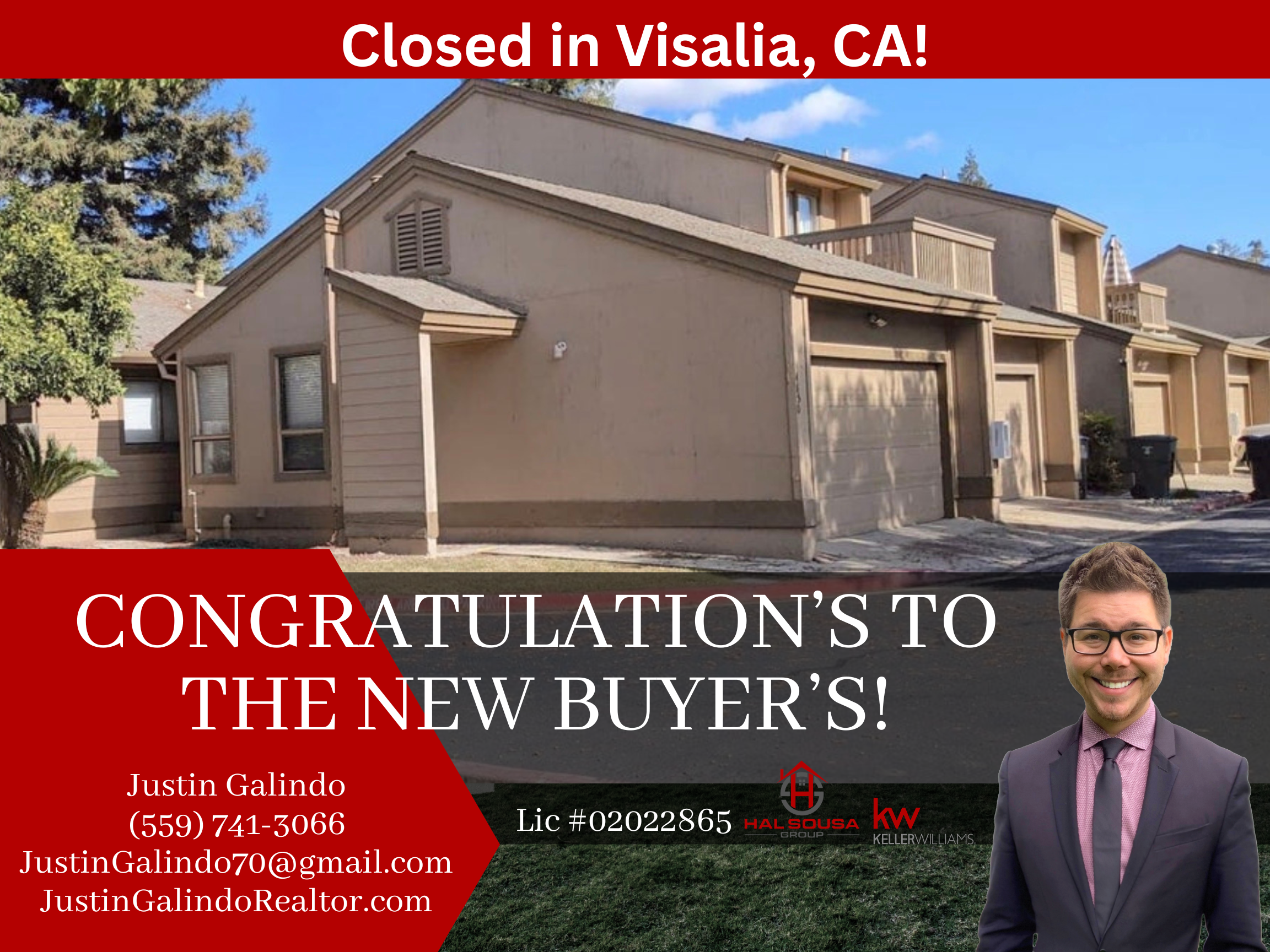 A house with multiple levels and balconies, with a temporary banner at the top indicating it is closed in Visalia, CA, and a professional realtor's promotional overlay at the bottom with a smiling man in a suit, contact information, and company logos