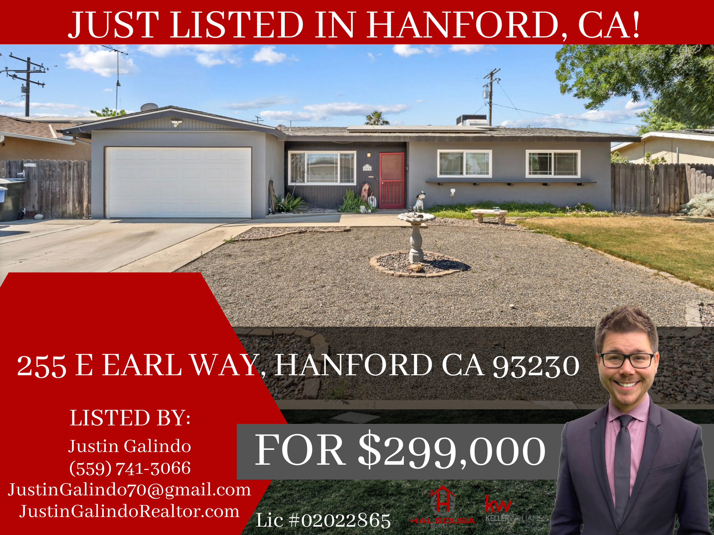 Real estate listing for a house located at 255 E Earl Way, Hanford, CA 93230, with agent contact information and a photo of the house's front exterior, including a driveway, windows, and garden decoration.