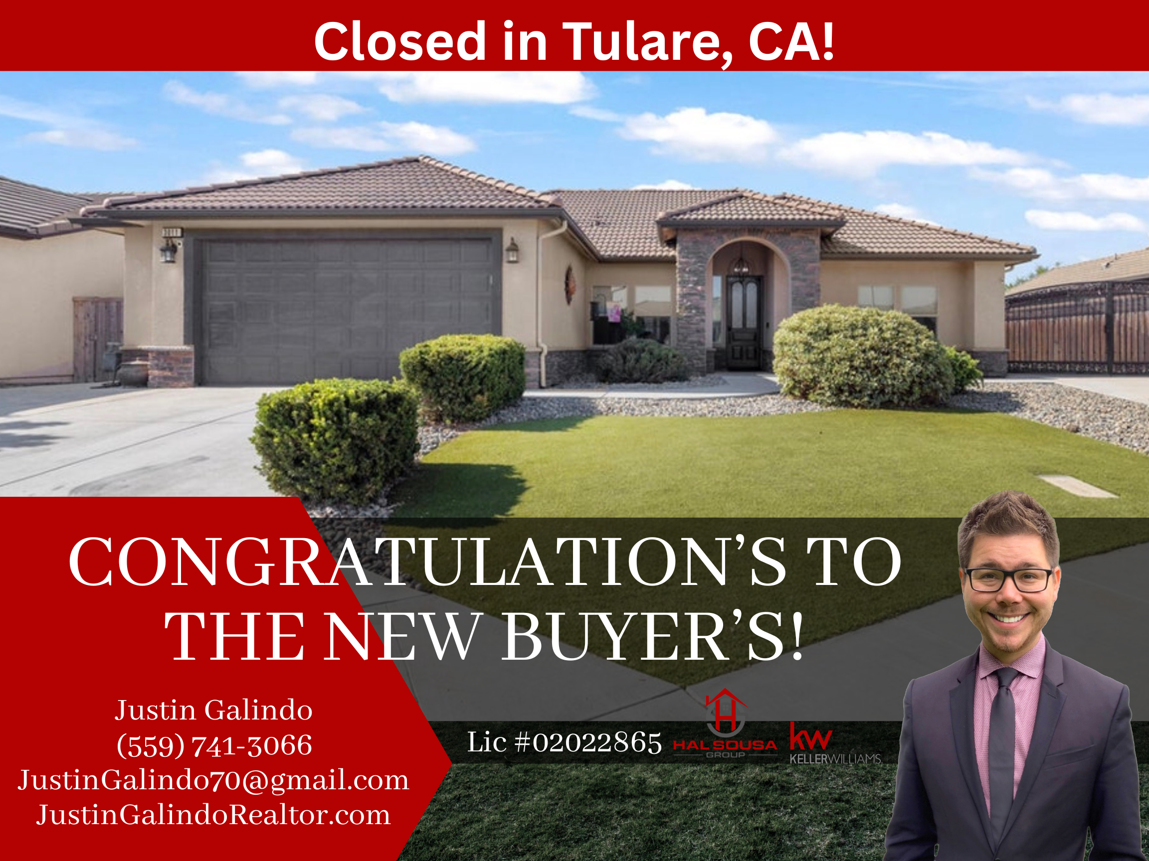 A house with a gray garage door, front yard with bushes and a walkway, and a man in a suit smiling in the foreground. The image has a red banner at the top with white text that says 'Closed in Tulare, CA!'.