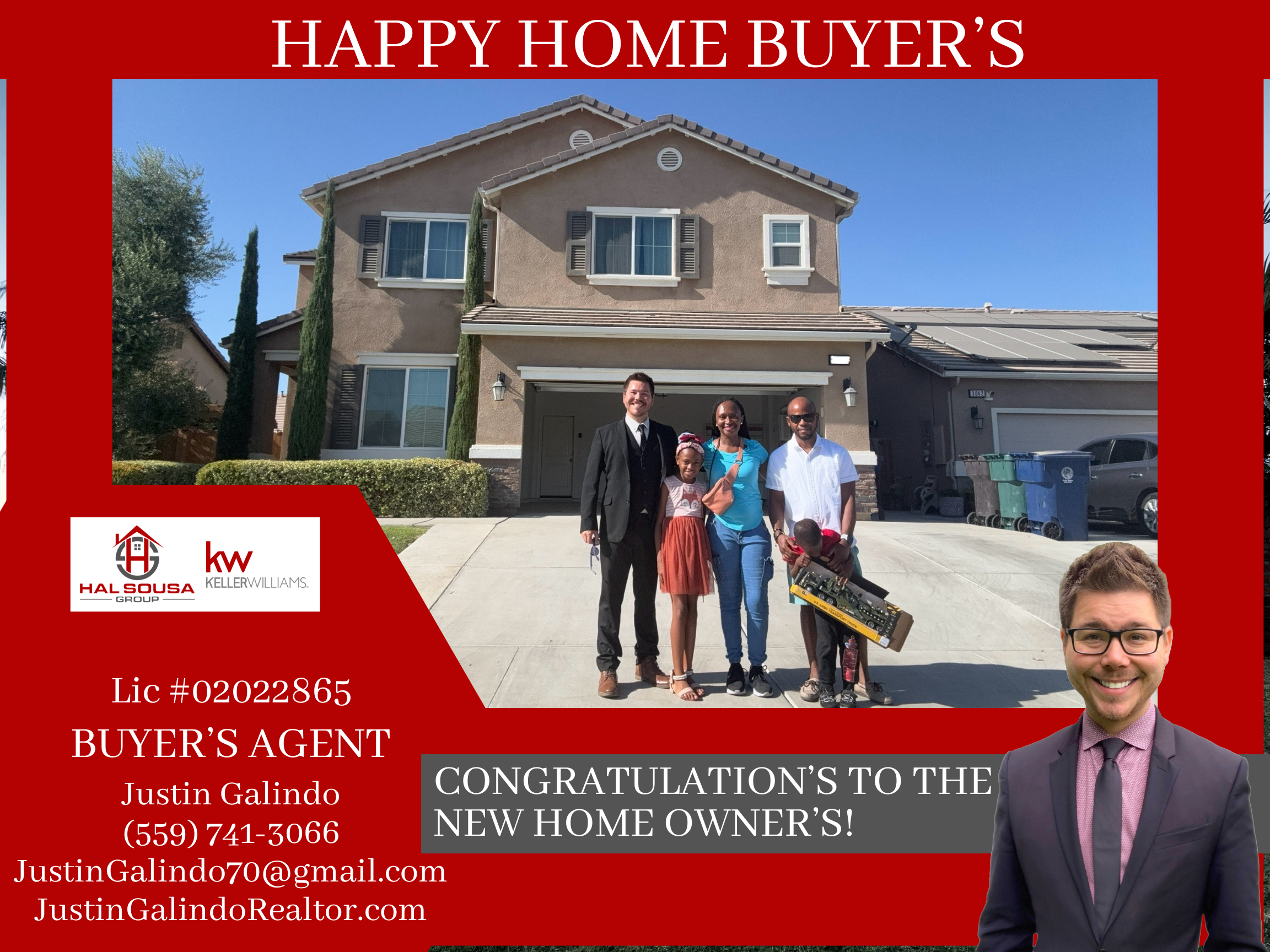 A real estate team standing in front of a beige two-story house with a driveway, trees, and a clear blue sky. The image features four people, including a man in a black suit, a woman, a girl, and a man with sunglasses, posing together. The banner has