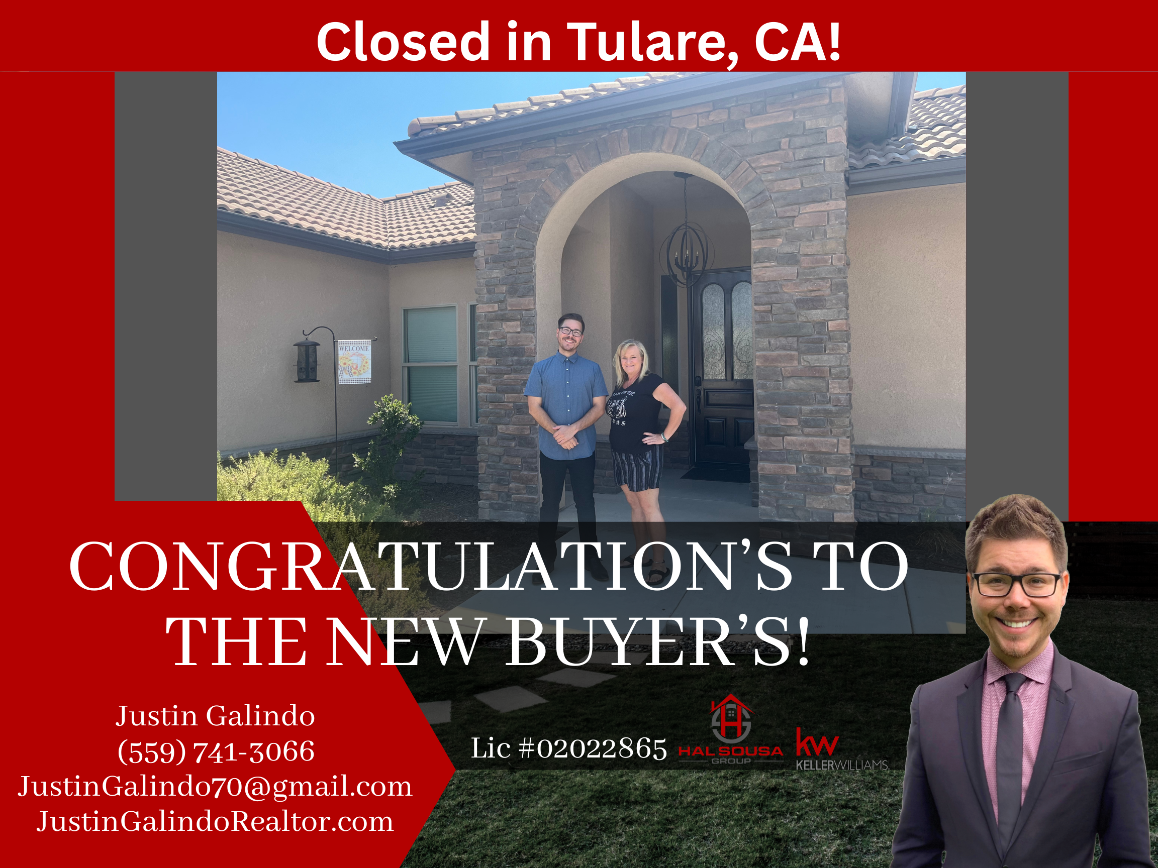 A man and a woman standing in front of a house with a brick archway entrance. The image is part of a real estate announcement with text overlay congratulating a new buyer and including contact information for a real estate agent.