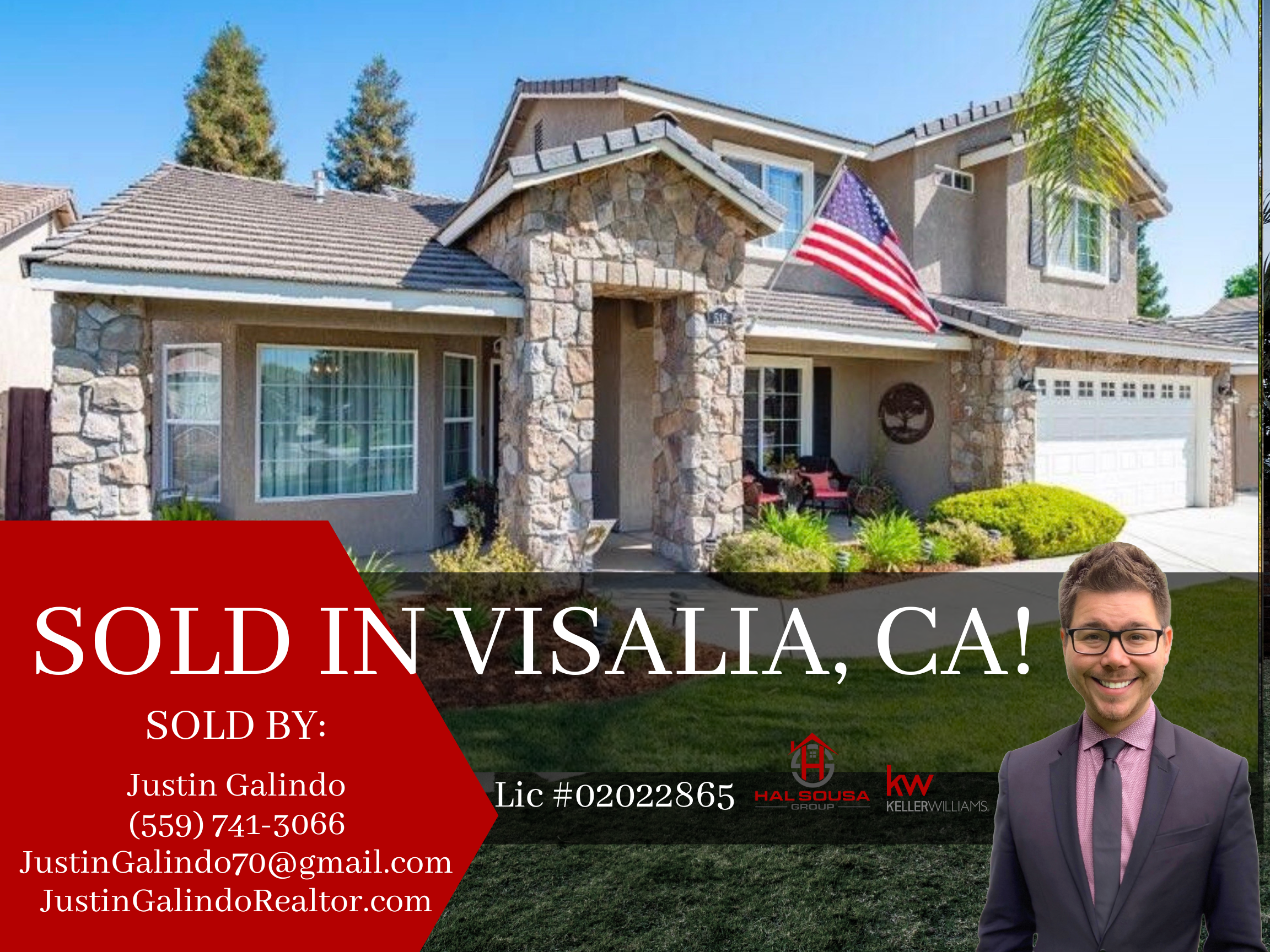 A two-story house with stone accents on the front, a garage with a white door, an American flag on the porch, and a well-maintained front yard with green grass and plants. There is a overlay banner with real estate information at the bottom.