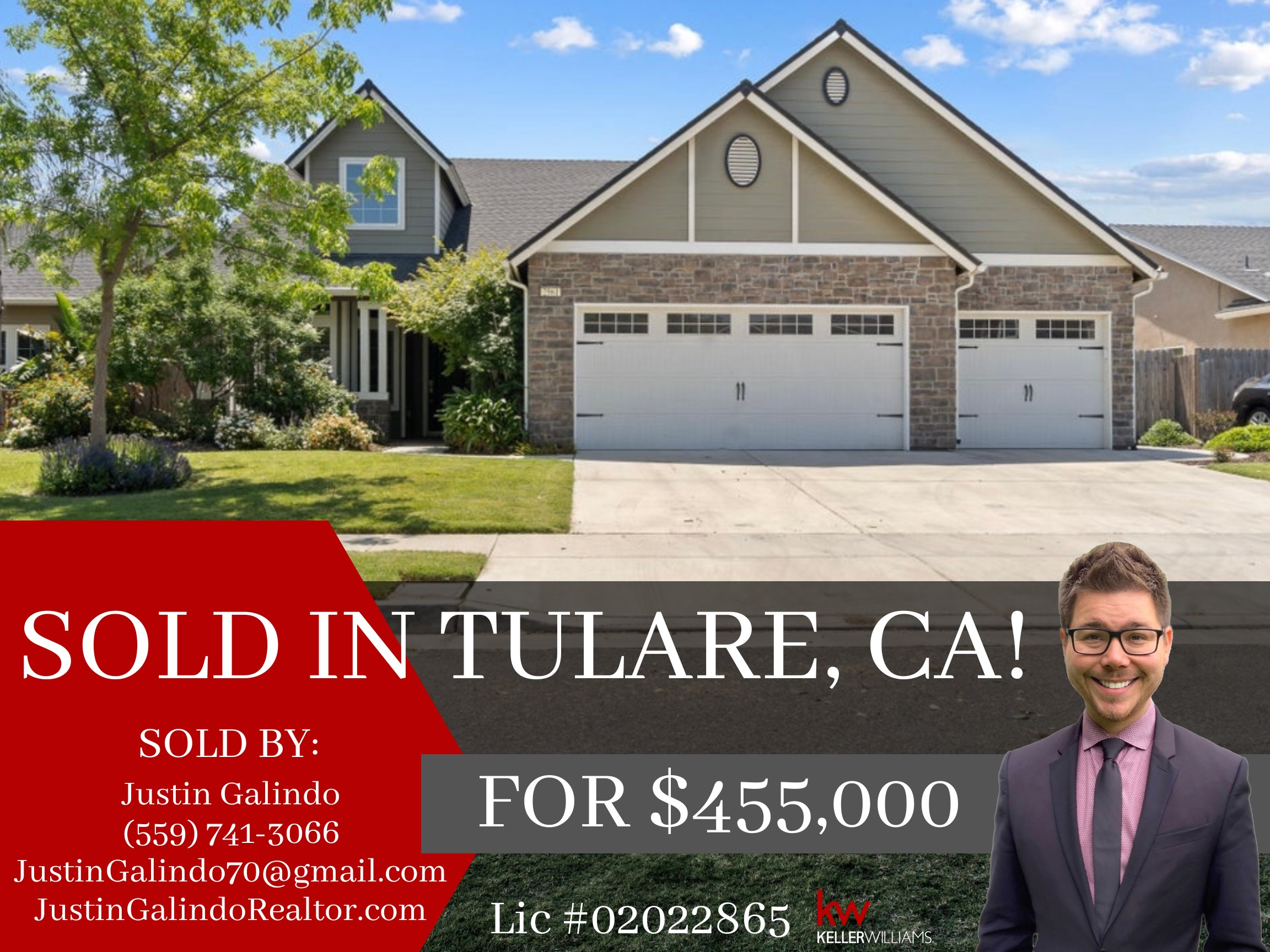 Photo of a house with a front yard, trees, and a driveway, with a red overlay in the lower left corner containing white text advertising the house as sold, with contact information for Justin Galingo and Keller Williams real estate company.