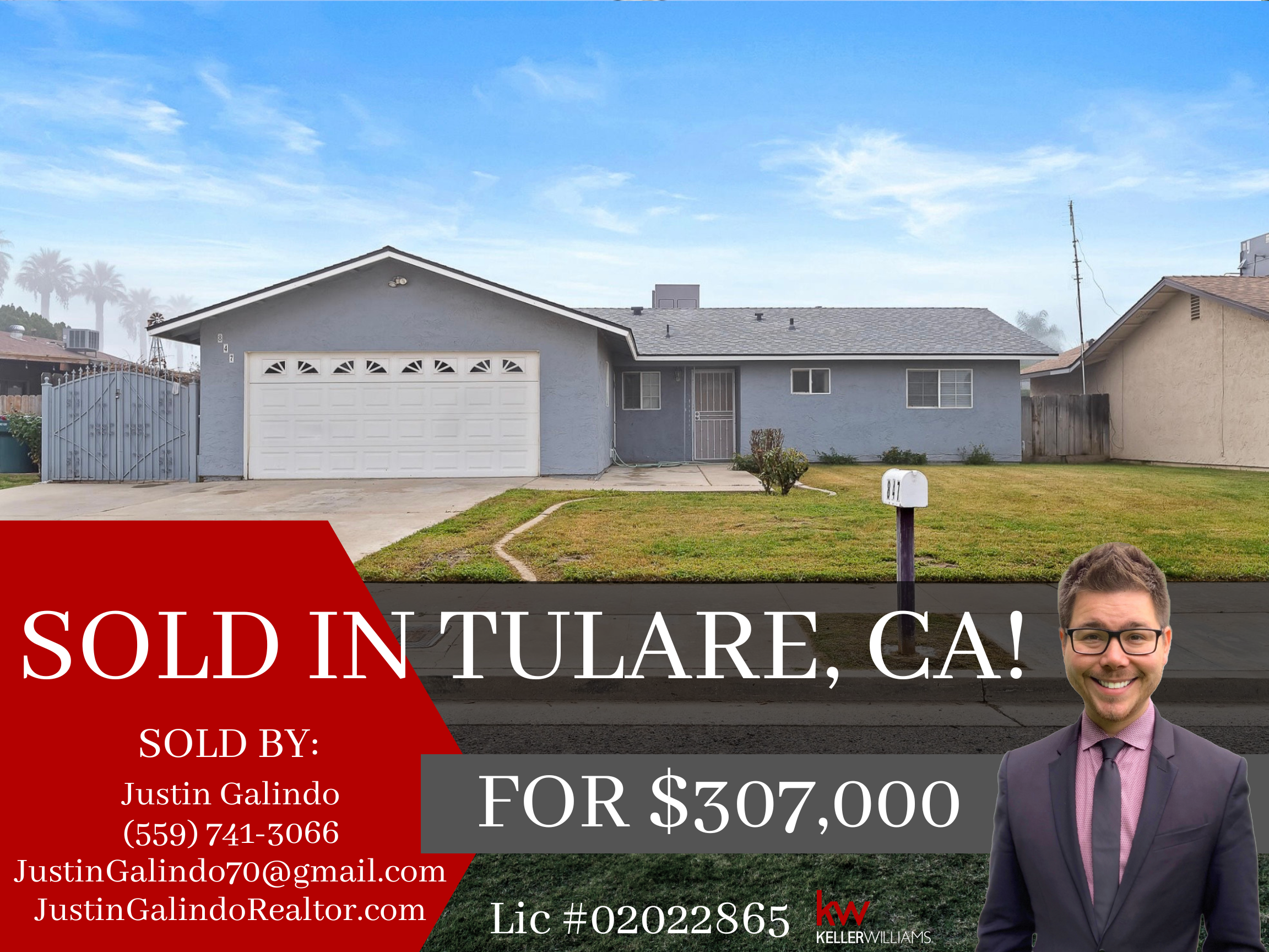 Front view of a single-story house with gray exterior, white garage door, small front yard, and a person in a suit standing in front of it, used as a real estate sold listing.