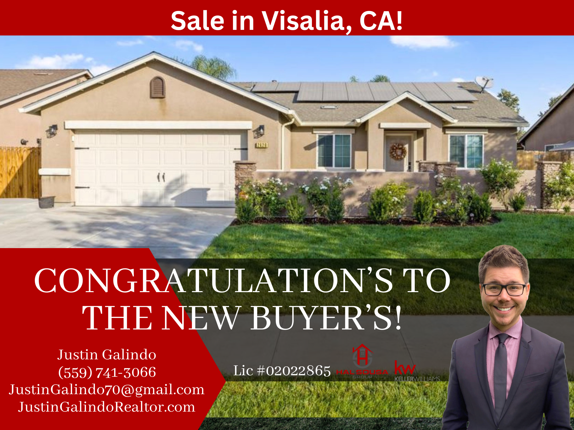 A real estate advertisement for a house sale in Visalia, CA. The image features a modern house with solar panels on the roof, front yard landscaping, and a red banner at the top with the text 'Sale in Visalia, CA!' The bottom part of the image includ