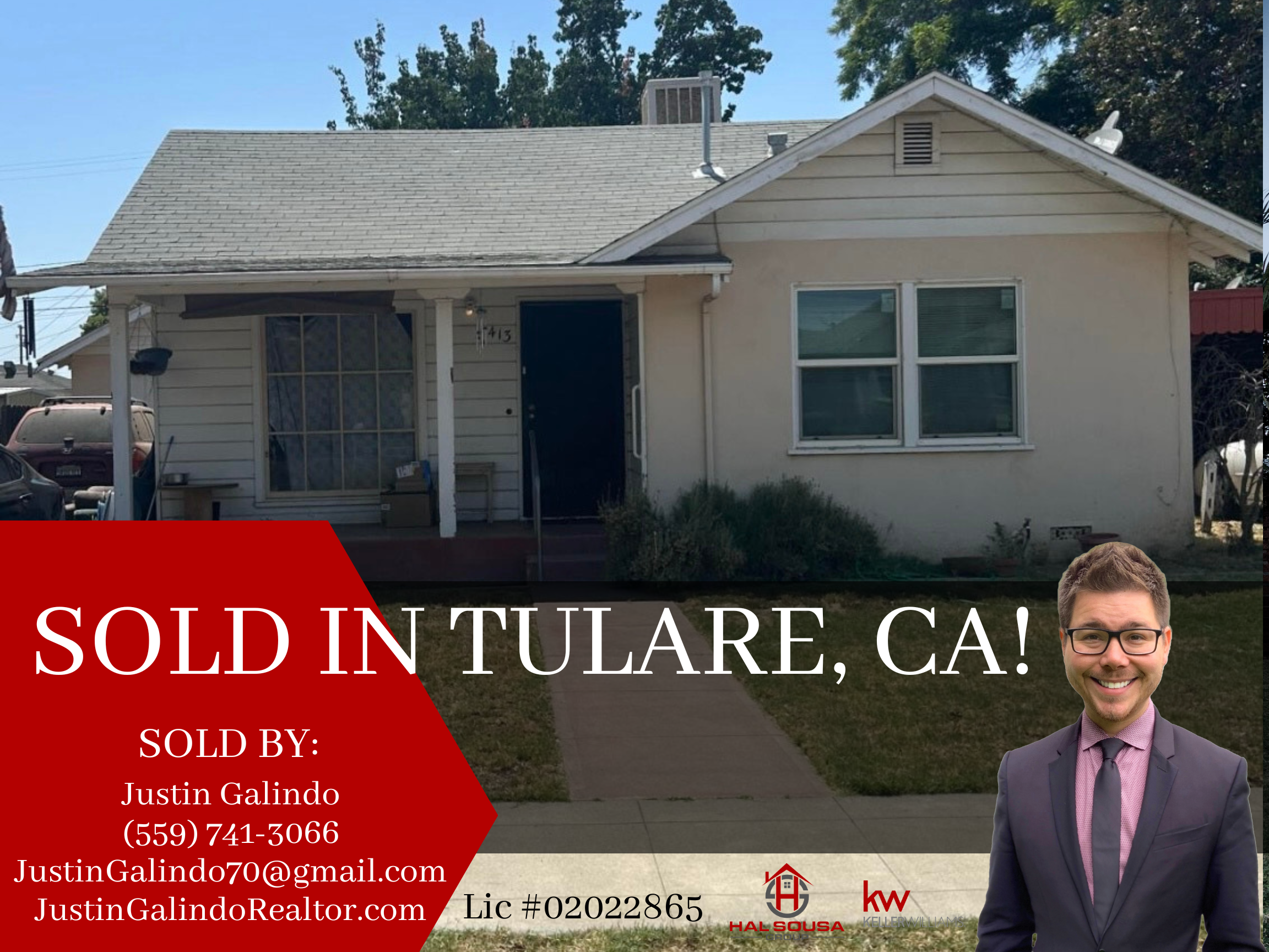 A house for sale in Tulare, California, with a front yard, sidewalk, and a blue door. The house is beige with white trim, and there are two large windows in the front. There is a 'Sold' sign overlayed on the image indicating the house was sold by Jus