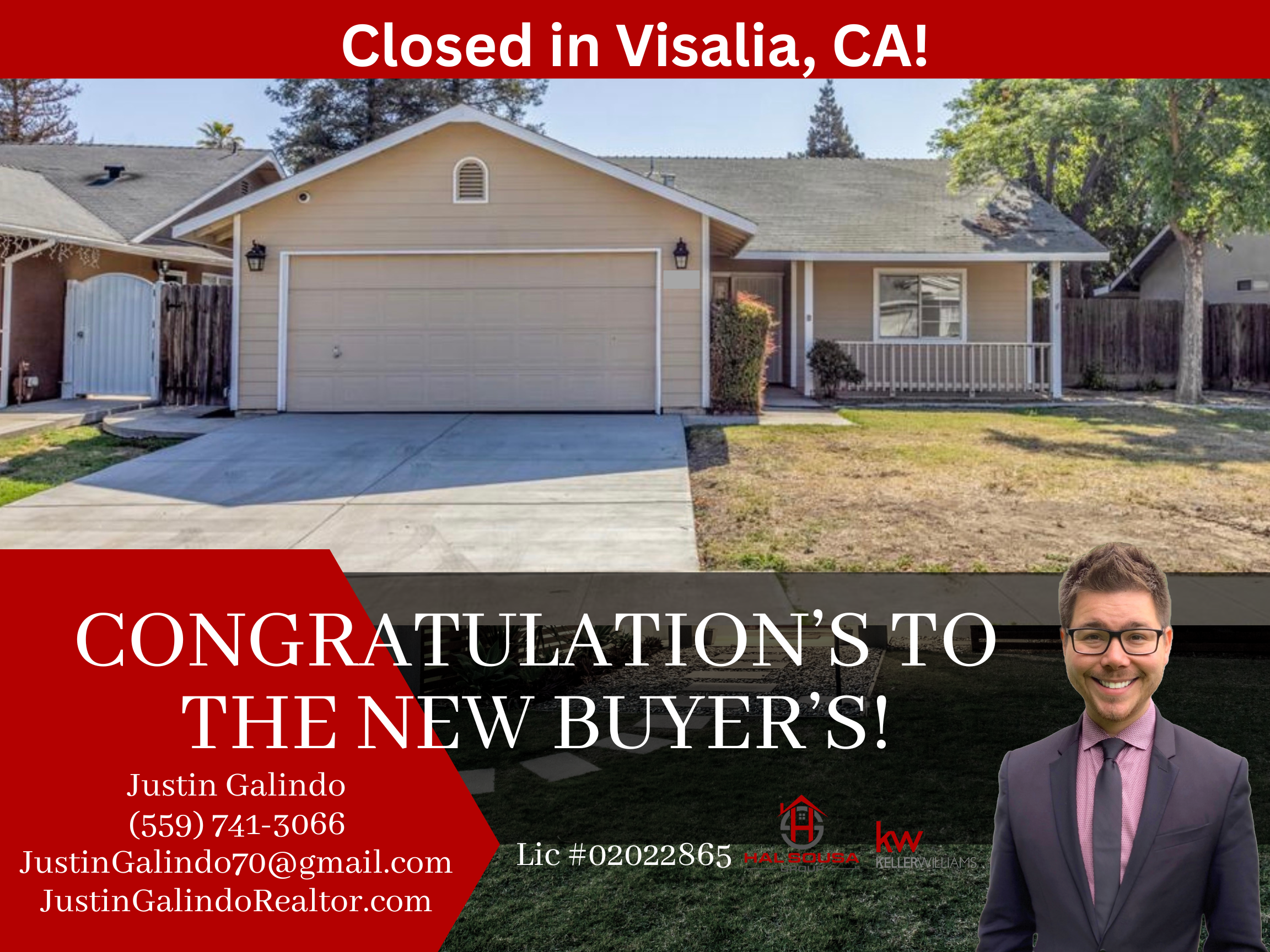 A house with a garage, surrounded by trees and a small front yard, with an overlaid red banner headline indicating the property is closed in Visalia, CA.