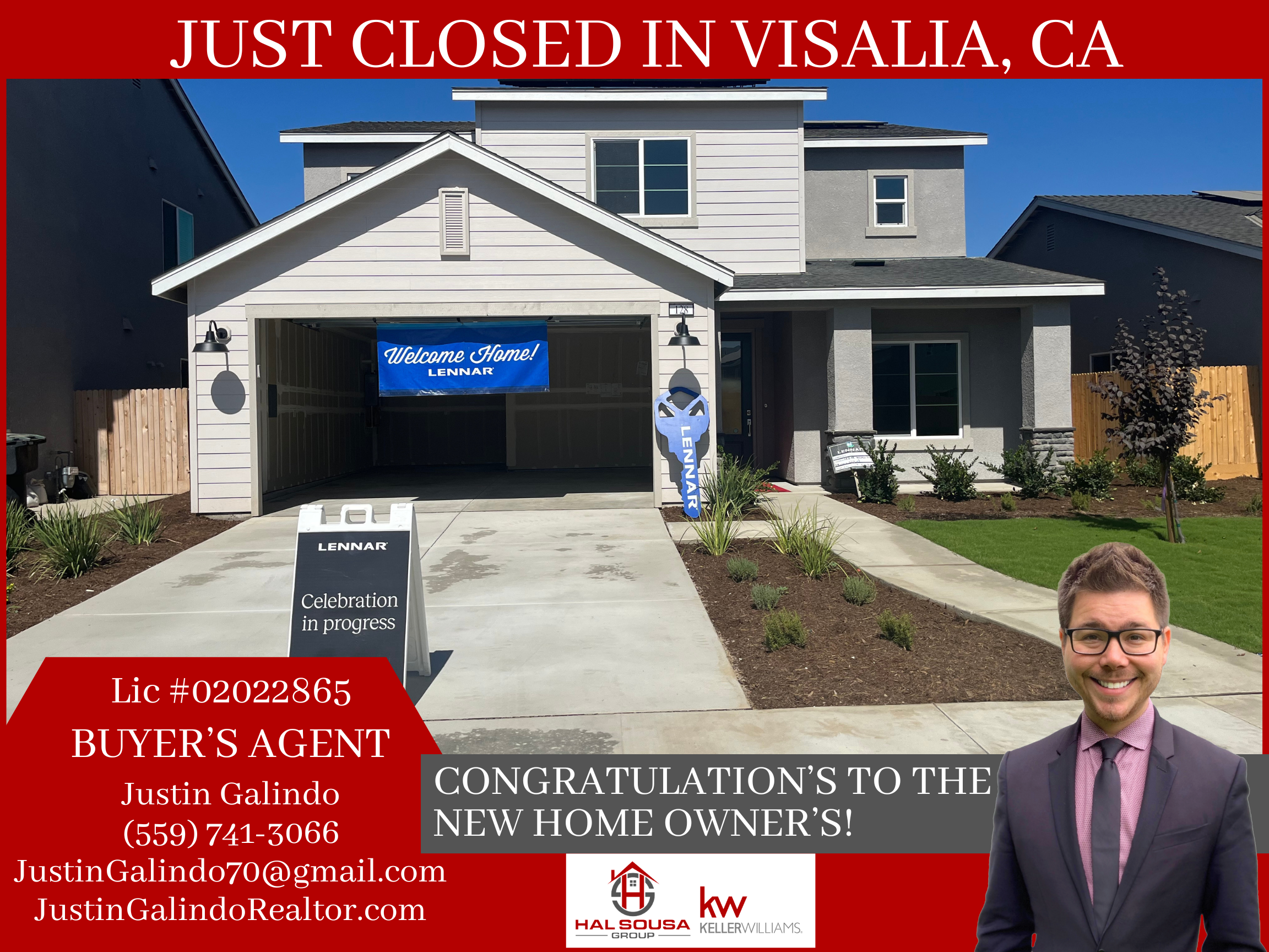 A newly built two-story house with a white exterior and multiple windows. There is a gated driveway with a banner that says "Welcome Home! LENNER" and a sign indicating "Celebration in progress." A smiling man in a suit stands in front of the house, 