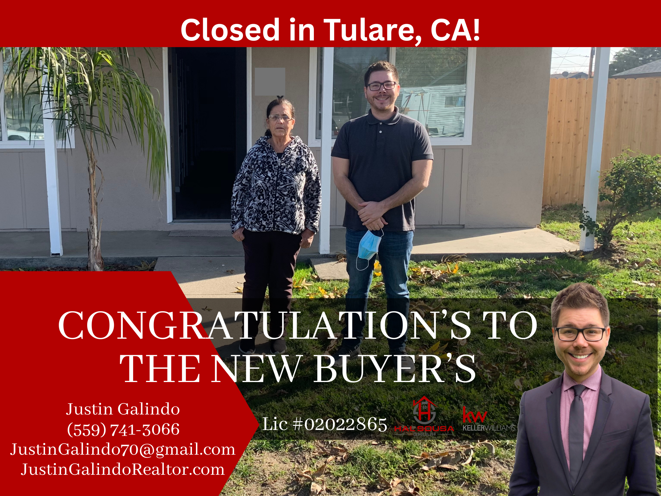 A man and a woman standing outside in front of a house, celebrating the purchase of a new home, with overlay text indicating they are the new owners in Tulare, California.