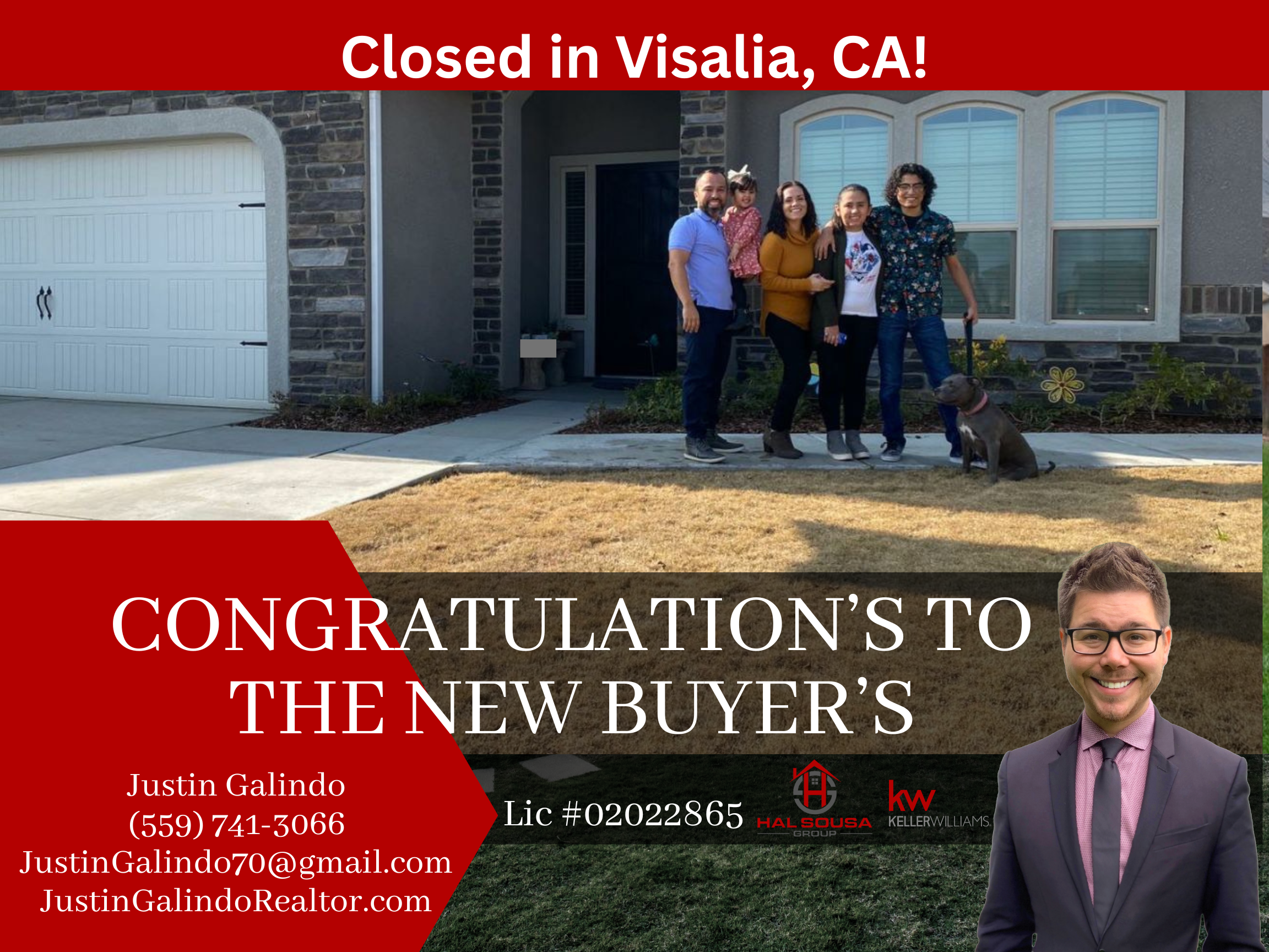 A family of five, including two children and a dog, standing outside a modern house with a brick and stucco exterior in Visalia, California, after purchasing a new home.