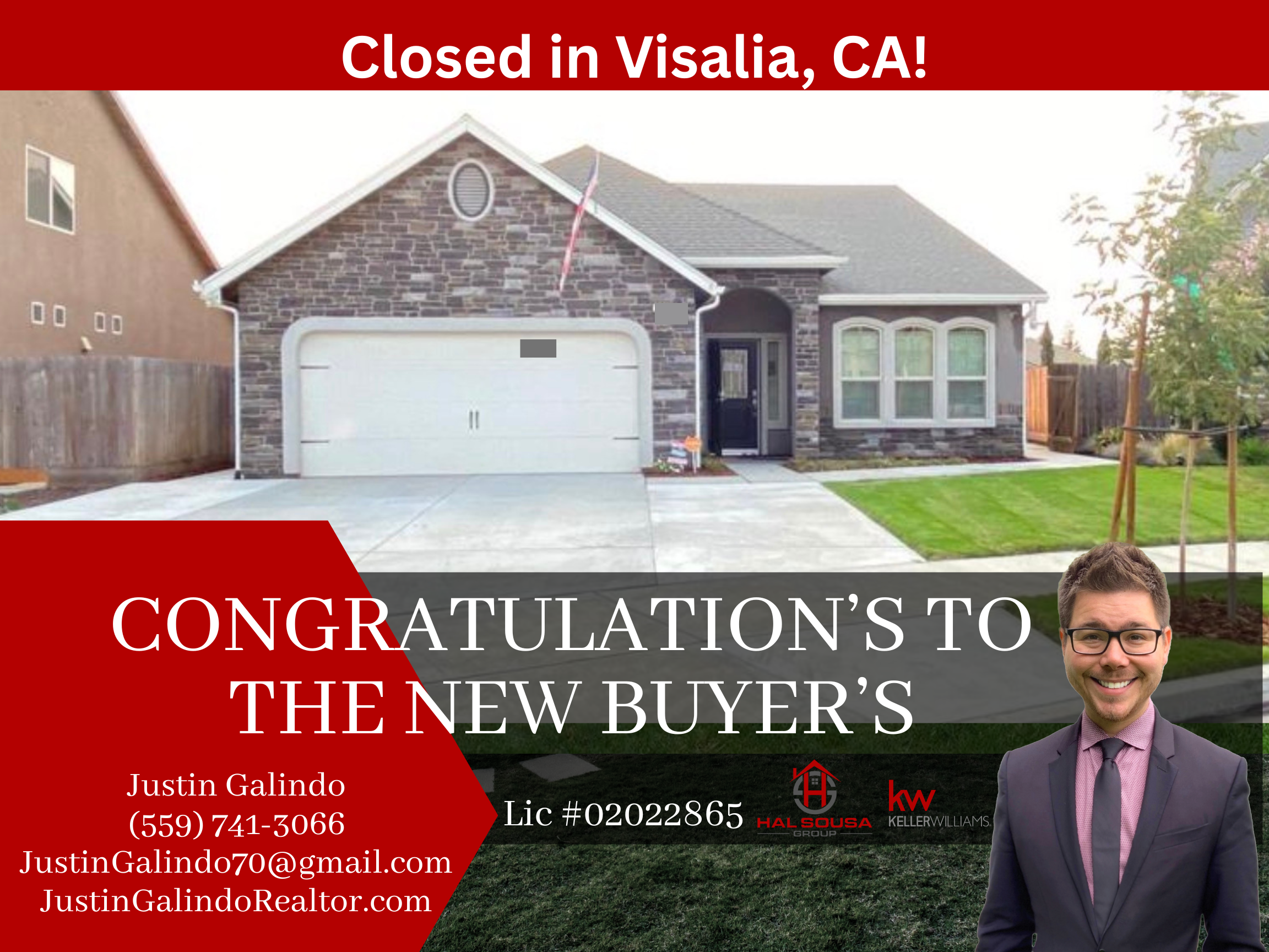A newly purchased house with a brick facade, white garage door, and the front yard with a small lawn and young trees. The image has a red banner at the top with white text and a red banner at the bottom with contact information for a real estate agen