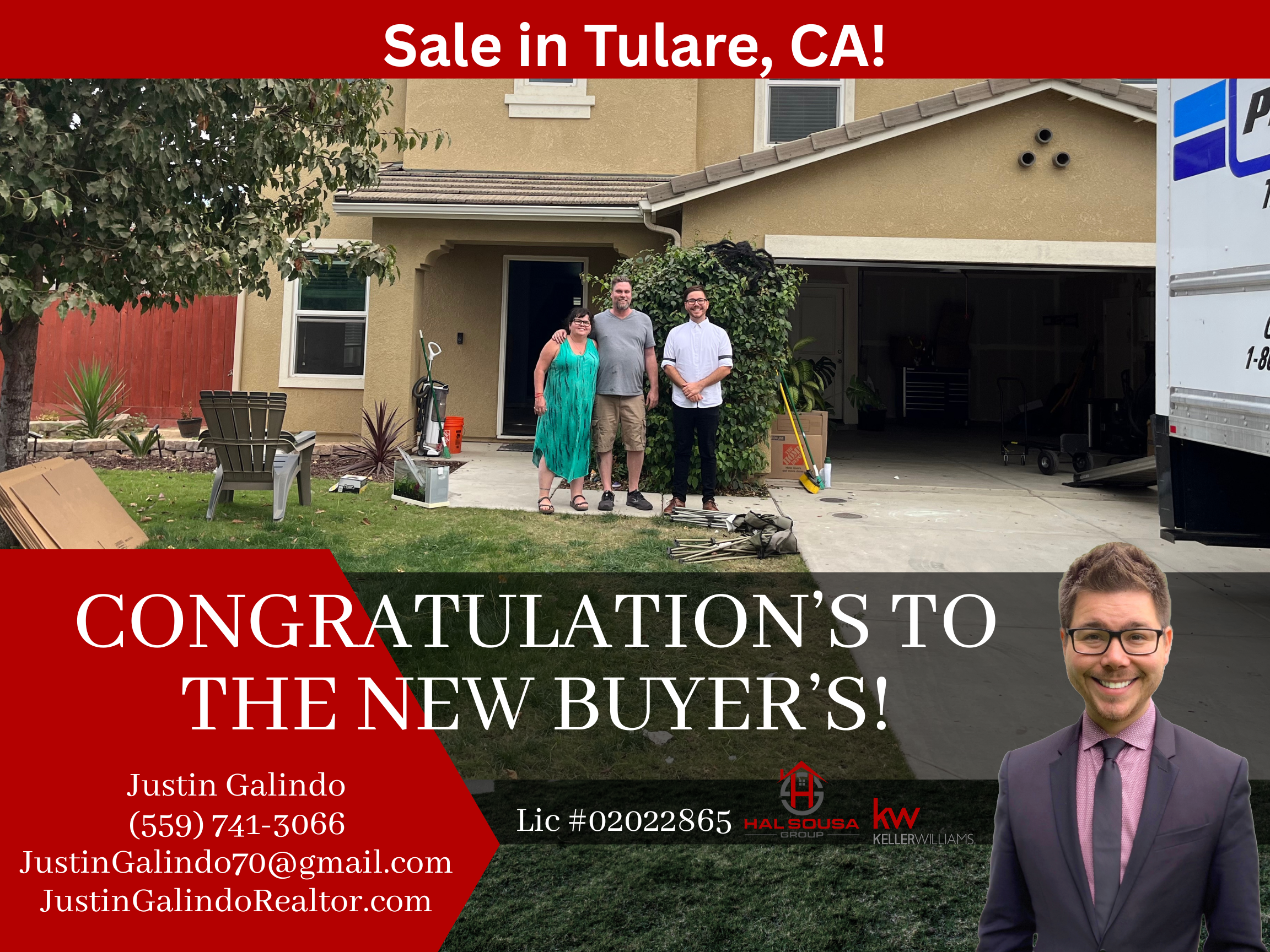 Green lawn in front of a yellow house with three people standing in front, a man and woman smiling. There are chairs and tools on the lawn. A vehicle parked in the garage. A large red banner at the top with white text reading "Sale in Tulare, CA!" an