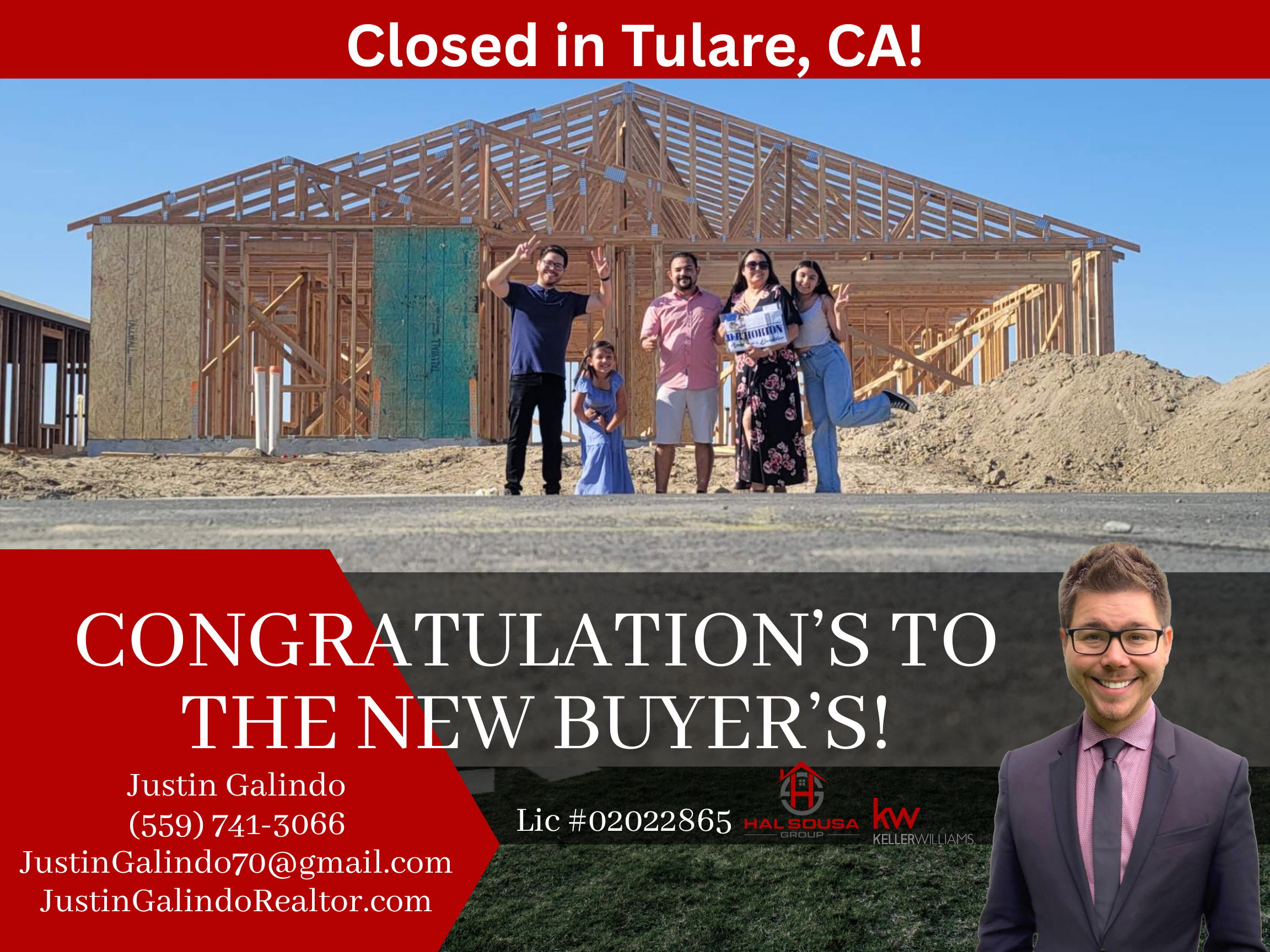 A photo of a house under construction with a group of people celebrating in front of it, with a large red banner at the top that says 'Closed in Tulare, CA!'